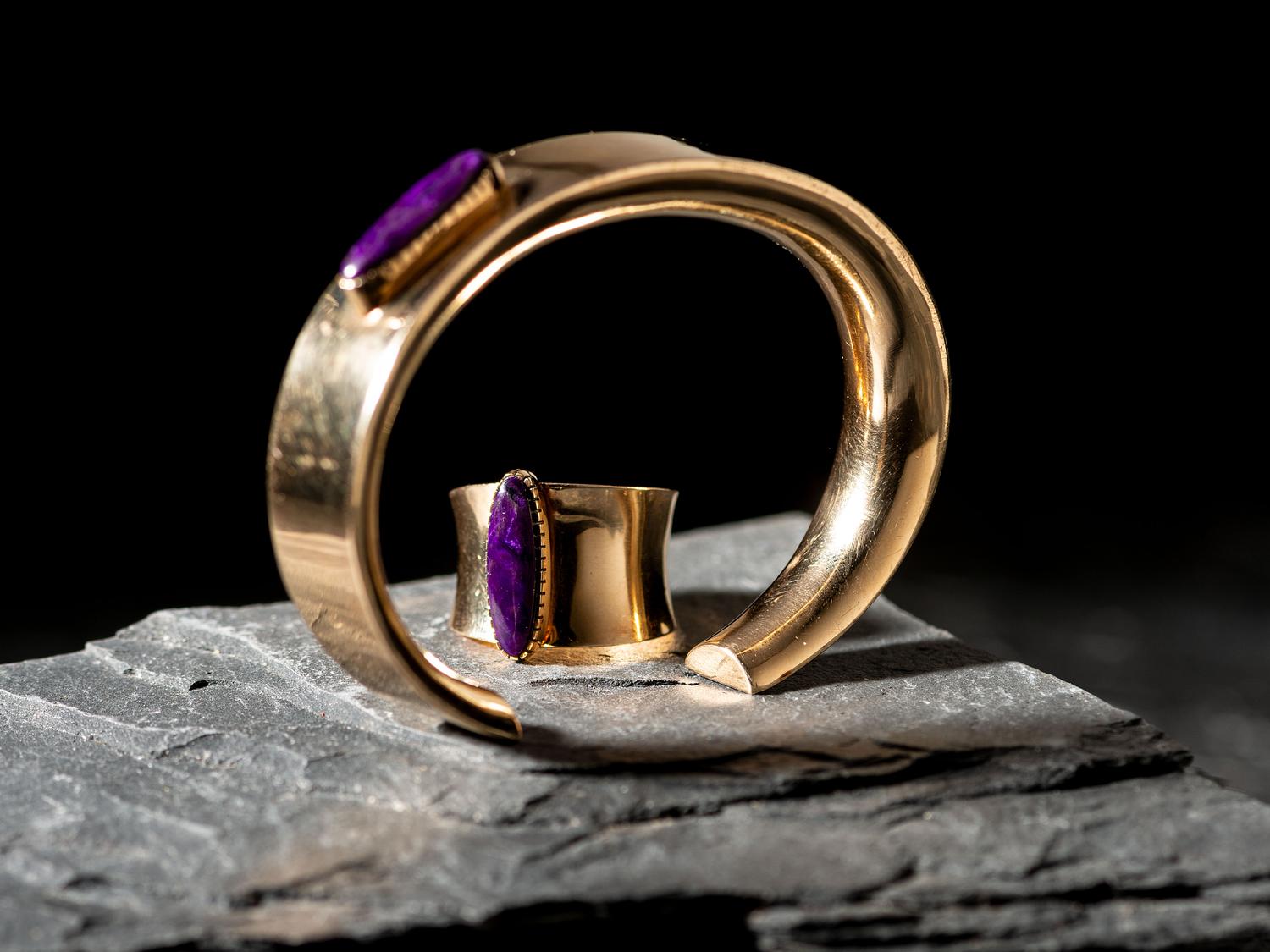 14K Gold and Sugilite Cuff Bracelet and Matching Ring