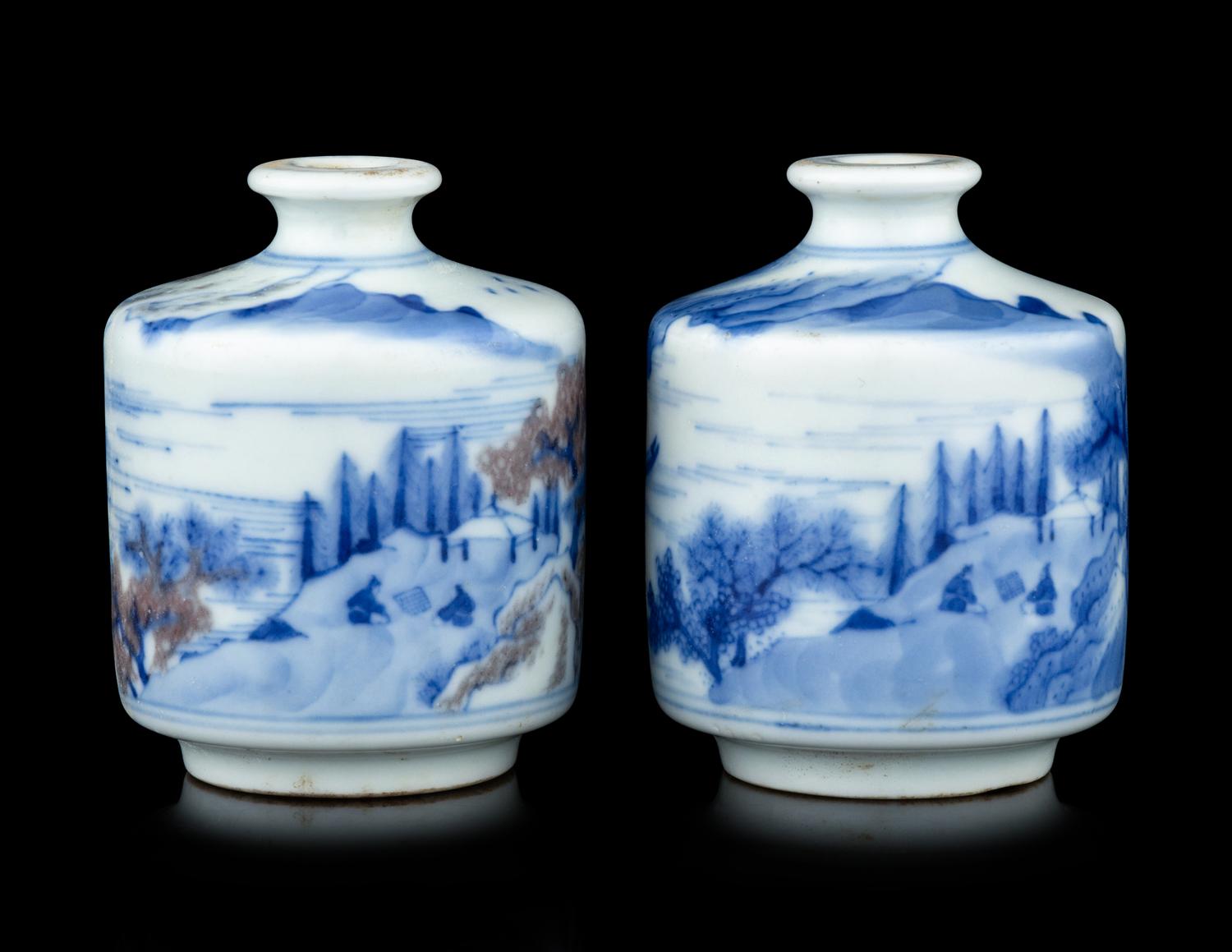 Two Chinese Copper-Red Decorated Blue and White Porcelain Snuff Bottles