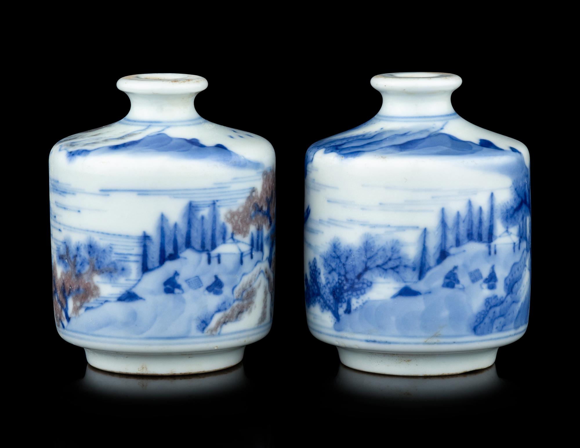 Two Chinese Copper-Red Decorated Blue and White Porcelain Snuff Bottles