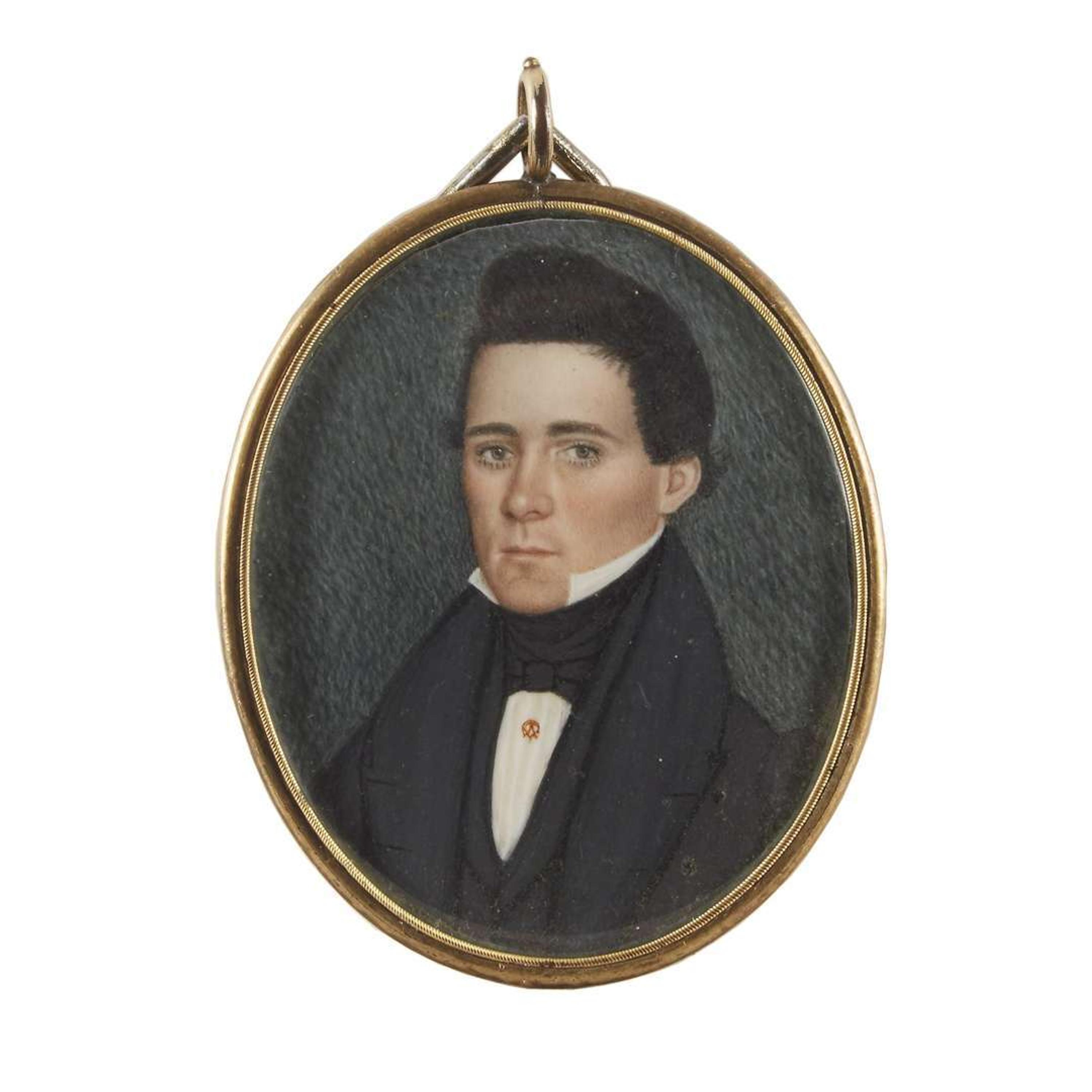 Mrs. Moses B. Russell (aka Clarissa Peters, 1809-1854) Portrait miniature of a young man wearing Masonic pin