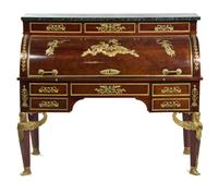 A French Empire Style Gilt Bronze Mounted Mahogany Bureau a Cylindre, LATE 19TH CENTURY, Height 47 x width 55 x depth 25 1/2 inches. — LATE 19TH CENTURY,