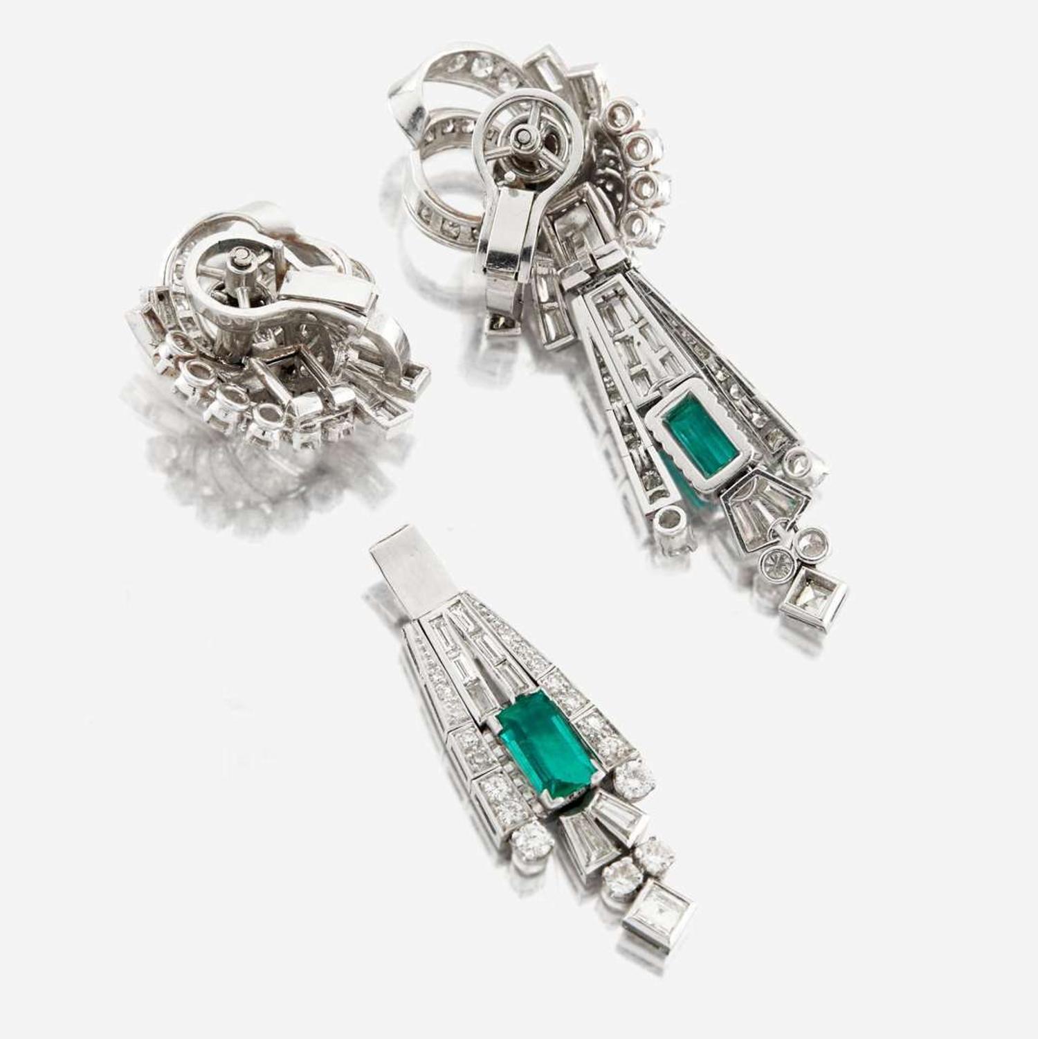 A pair of diamond, emerald, and platinum day/night earrings
