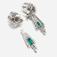 A pair of diamond, emerald, and platinum day/night earrings