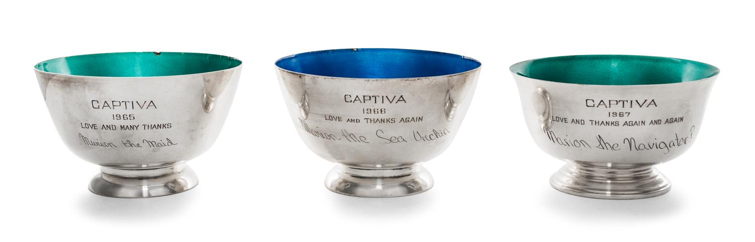 A Group of Three American Silver Presentation Bowls, Towle Silversmiths, Newburyport, MA, "Revere" style, with enamel interiors.