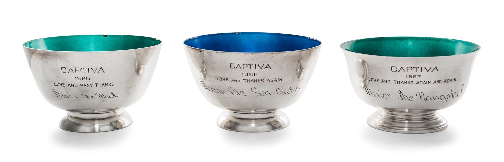 A Group of Three American Silver Presentation Bowls, Towle Silversmiths, Newburyport, MA, "Revere" style, with enamel interiors.
