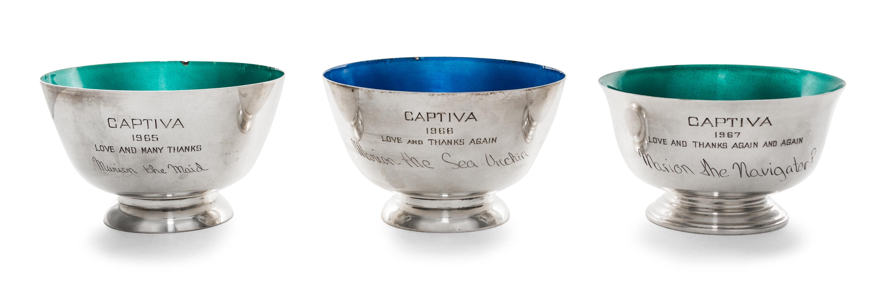 A Group of Three American Silver Presentation Bowls, Towle Silversmiths, Newburyport, MA, "Revere" style, with enamel interiors.
