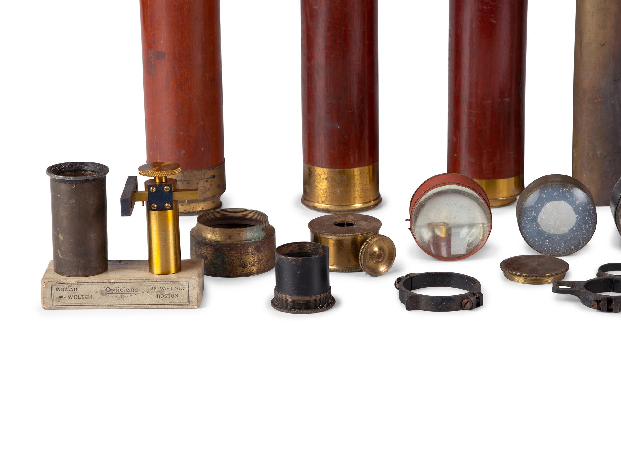 A group of 25 items, highlighted by handheld telescopes, found in the workshop of George W. Fitz, Peconic, New York.
