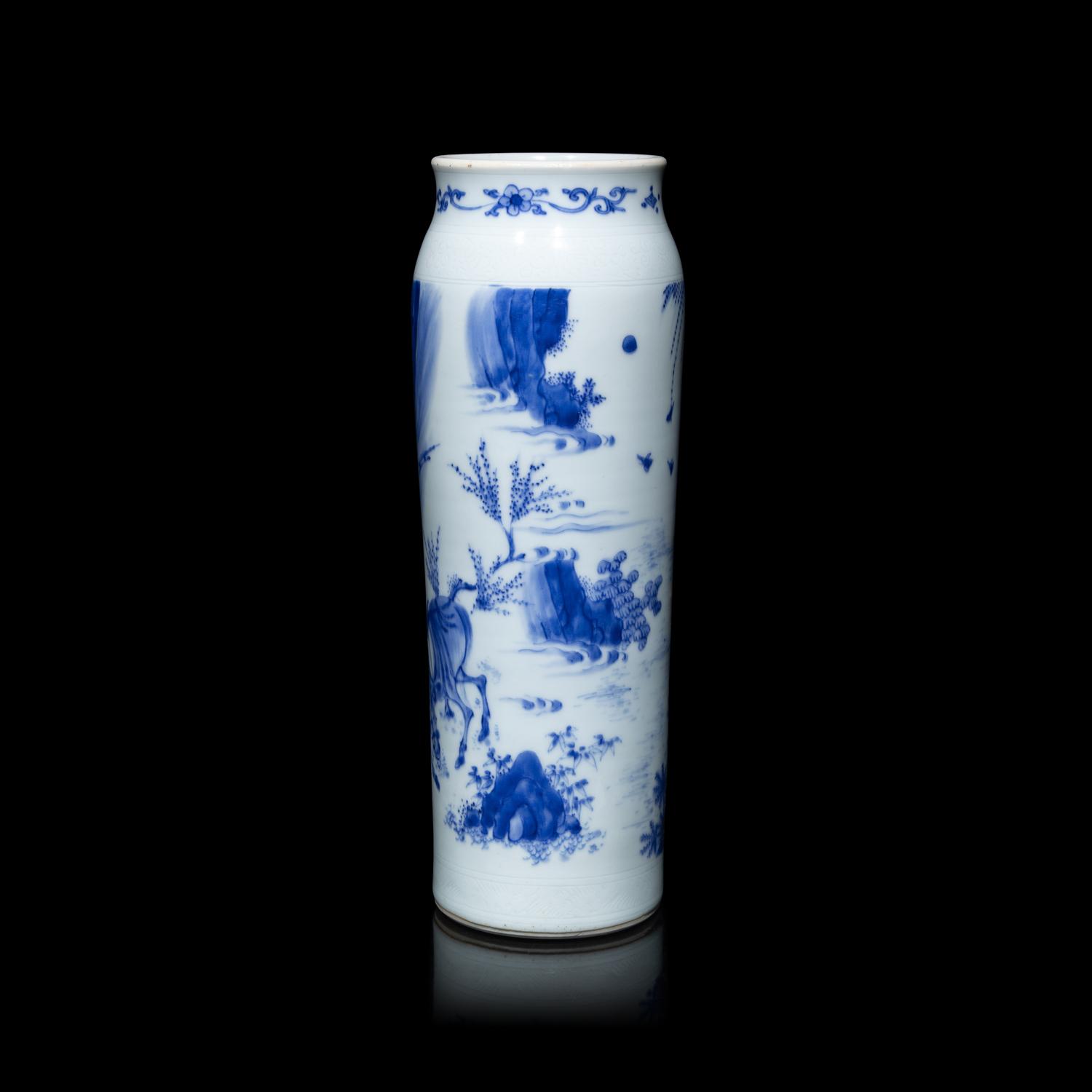 A Chinese Blue and White Porcelain Cylindrical Vase, Transitional Period, 17th Century 明末清初 青花人物故事圖筒瓶