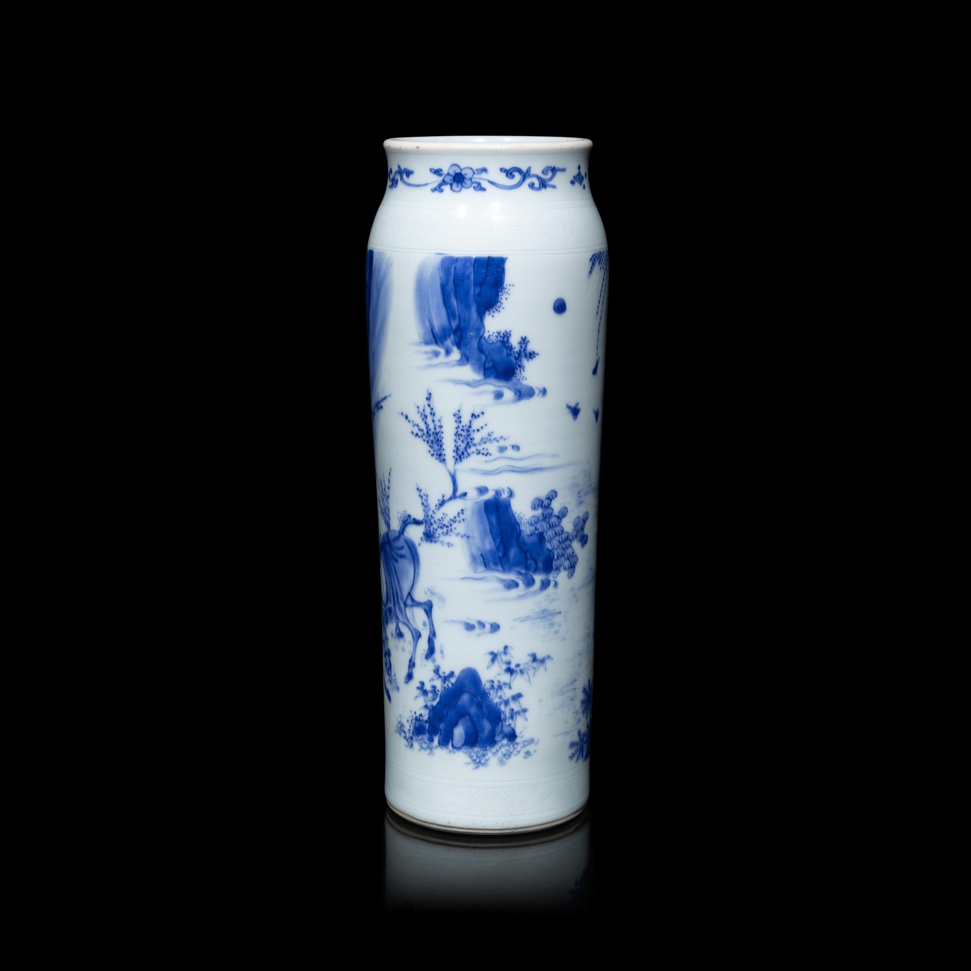 A Chinese Blue and White Porcelain Cylindrical Vase, Transitional Period, 17th Century 明末清初 青花人物故事圖筒瓶