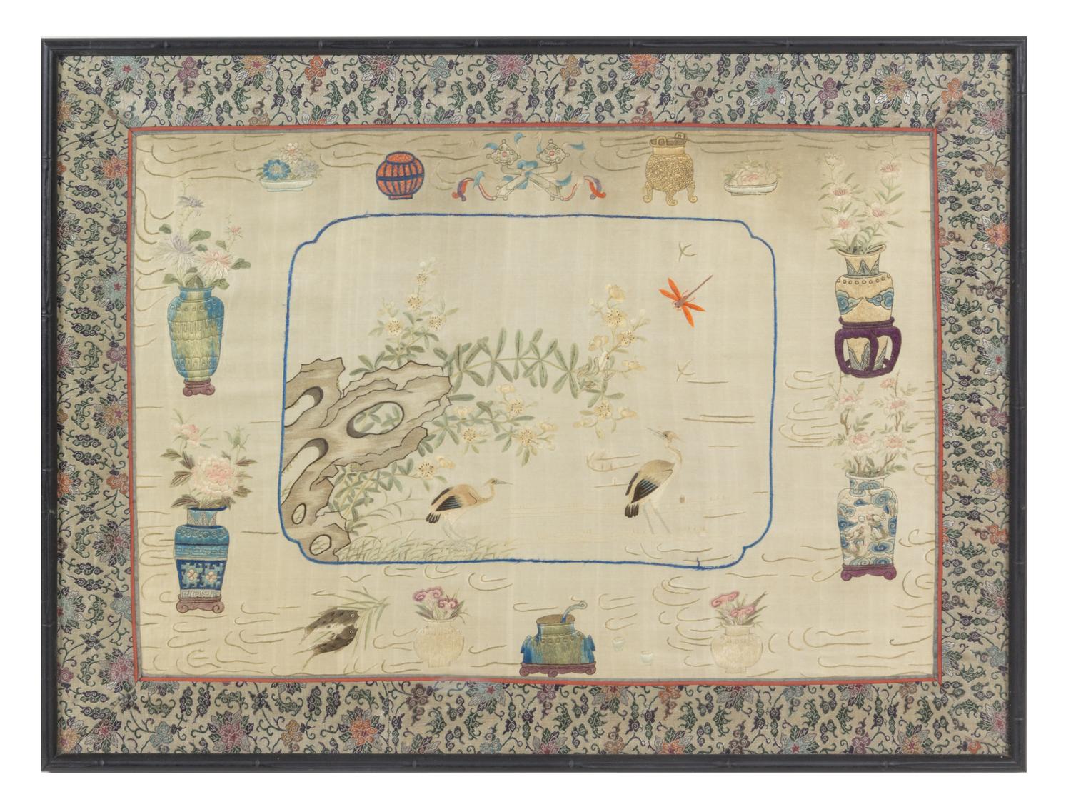 Three Chinese Embroidered Silk Panels — 19TH CENTURY