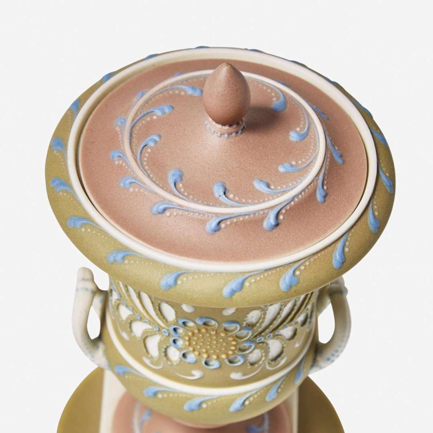 A Harry Barnard Four-Color Dip Jasperware Covered Vase on Stand UK, early 20th century