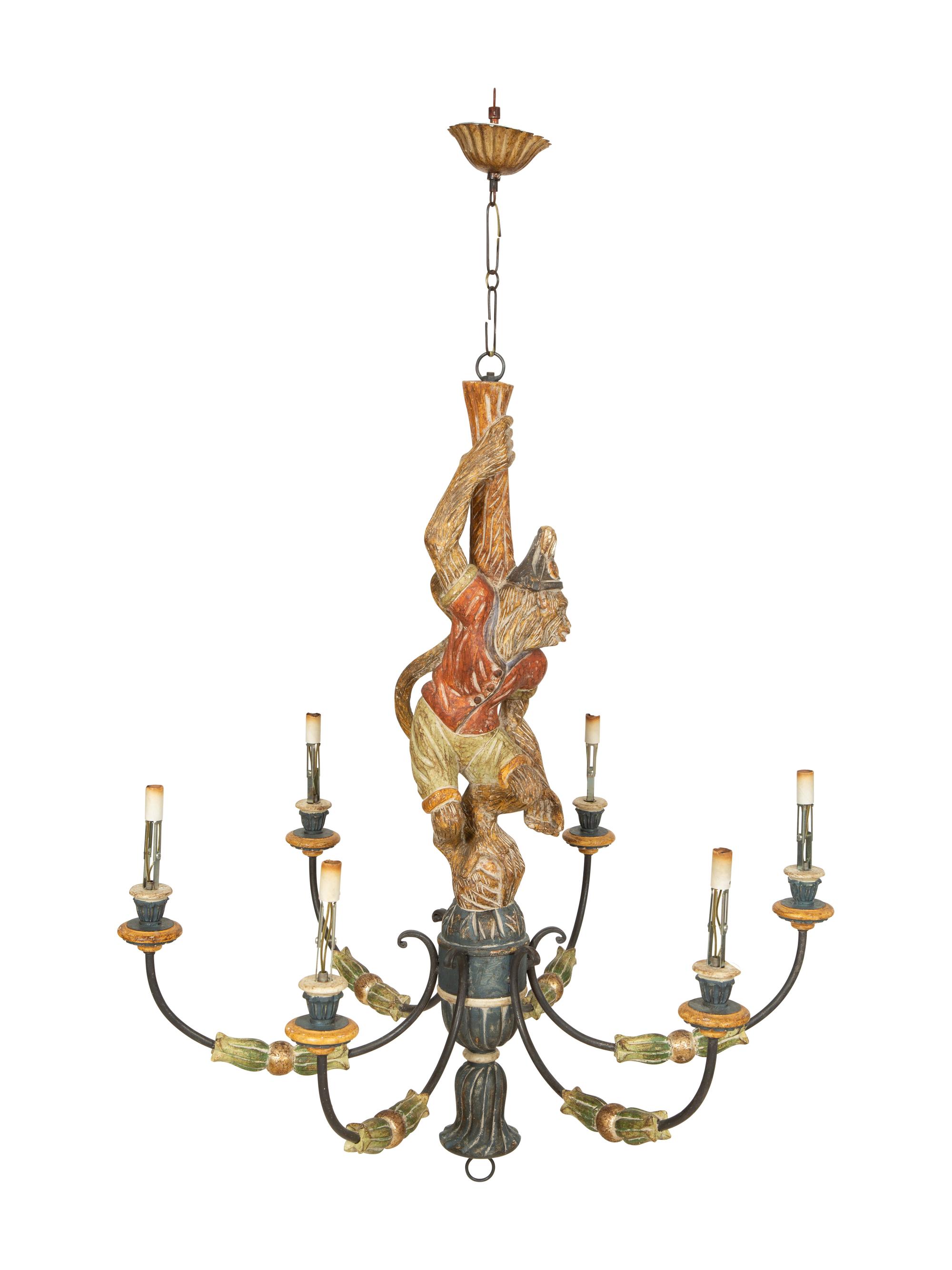 An Italian Painted Composition Six-Light Monkey Chandelier