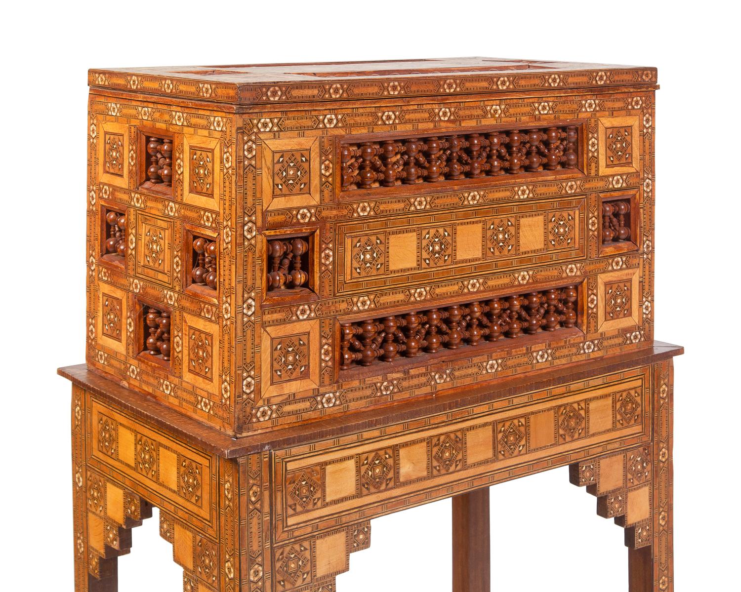 A Pair of Moroccan Marquetry Chests on Stands