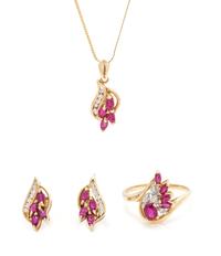 A 14 Karat Yellow Gold, Ruby and Diamond Demi Parure, 5.00 dwts.