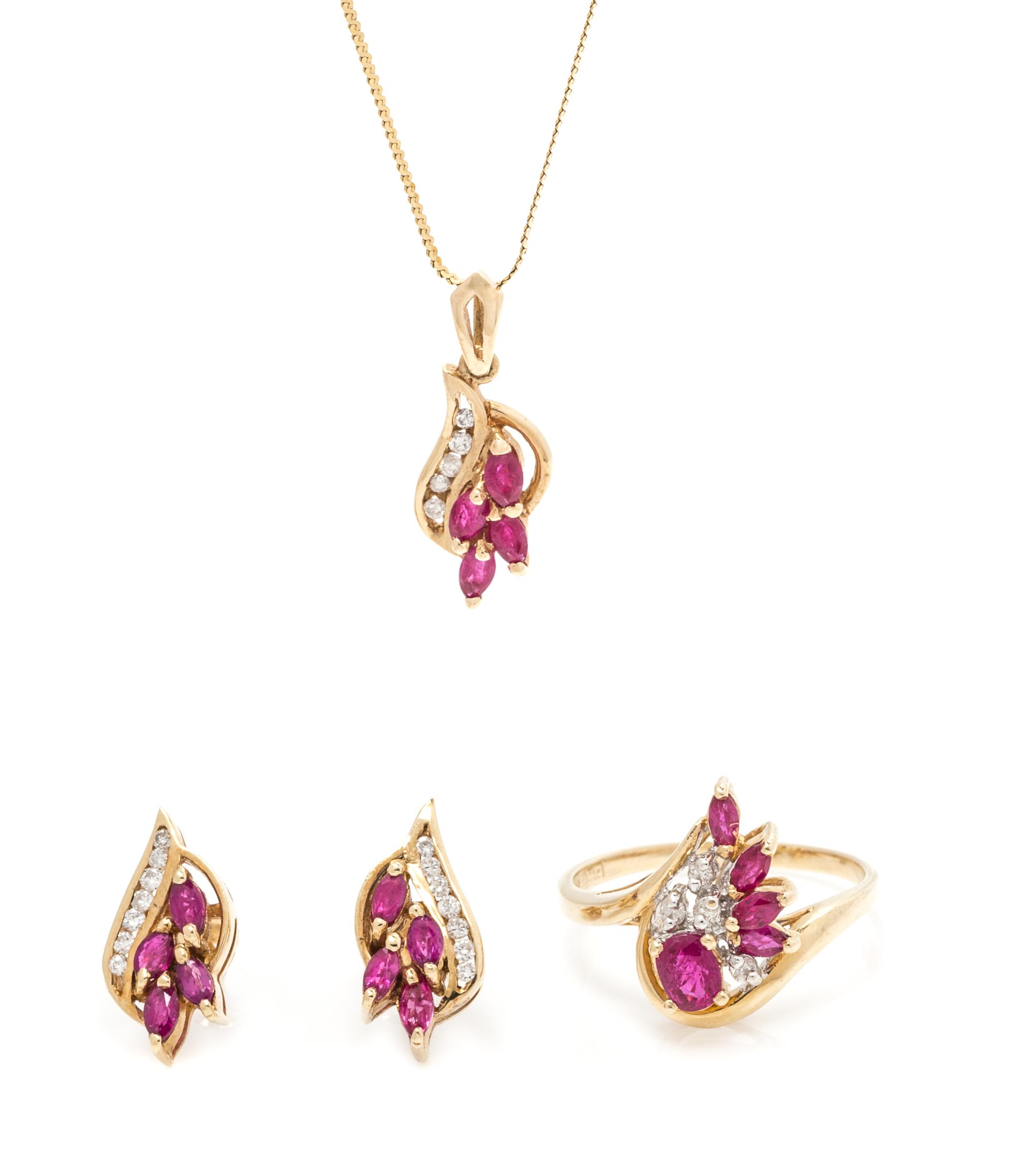 A 14 Karat Yellow Gold, Ruby and Diamond Demi Parure, 5.00 dwts.
