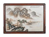 A Chinese Painted Porcelain Inset Carved Hardwood Table Screen