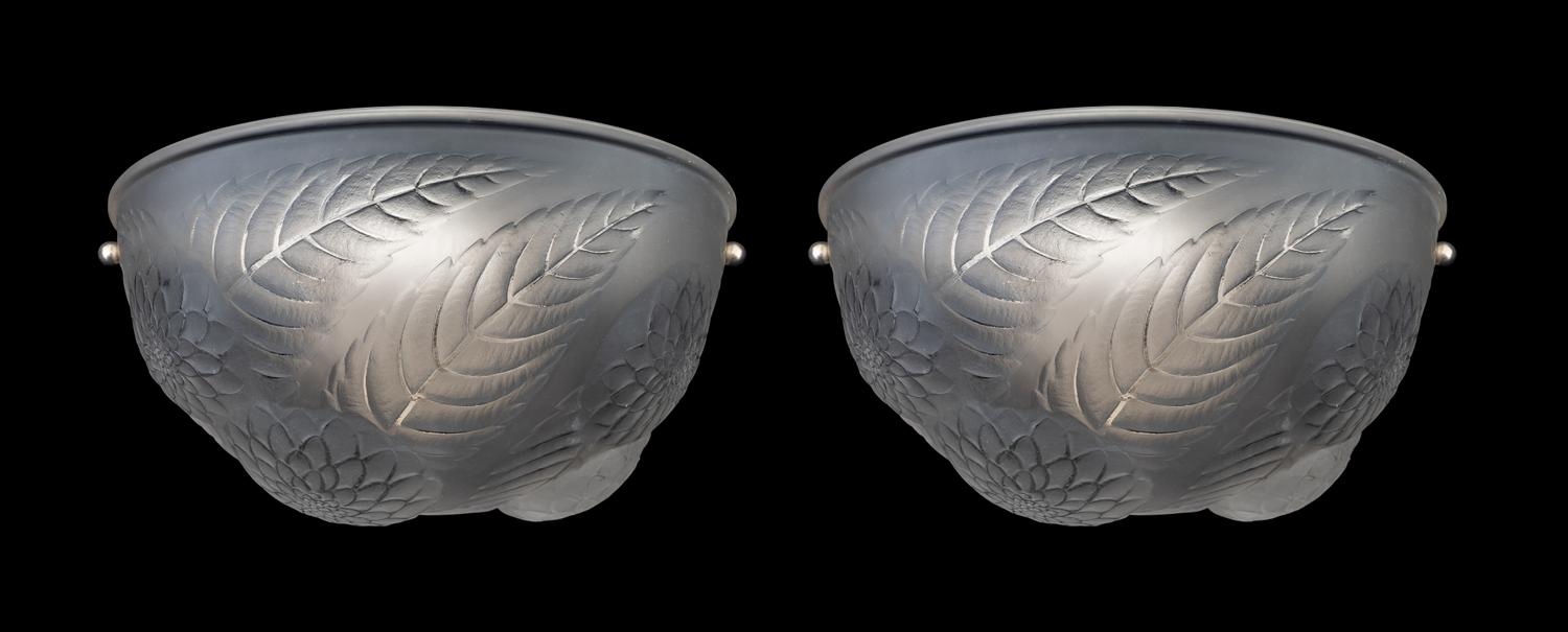 A Pair of Lalique Style Molded and Frosted Glass Wall Sconces