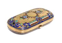 A Russian Enameled Silver-Gilt Cigarette Case, Moscow, 19th/20th Century, of rectangular form centered with a polychrome medallion.