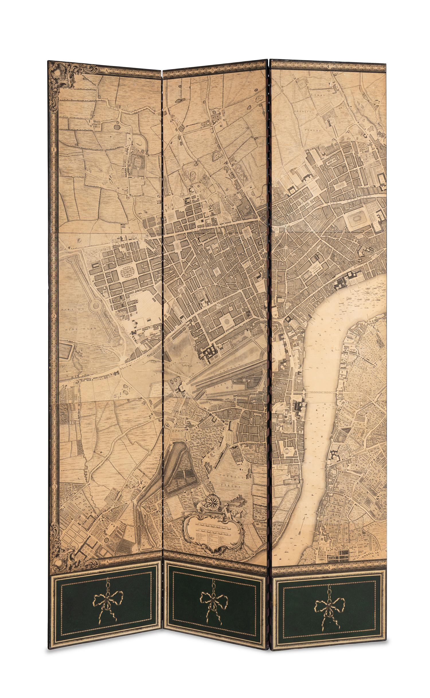 An Eight-Panel Floor Screen Depicting an Engraved Map of London