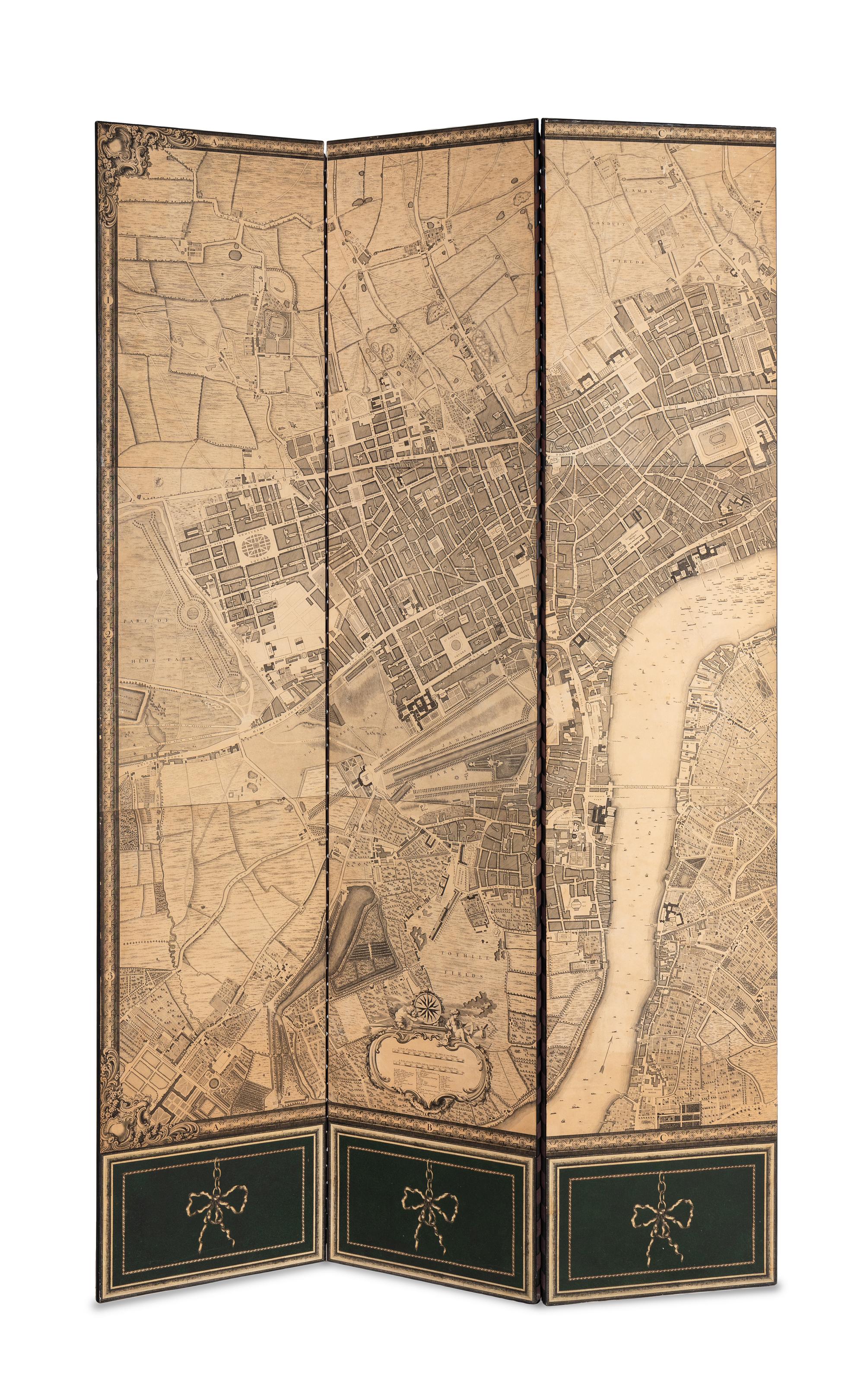 An Eight-Panel Floor Screen Depicting an Engraved Map of London