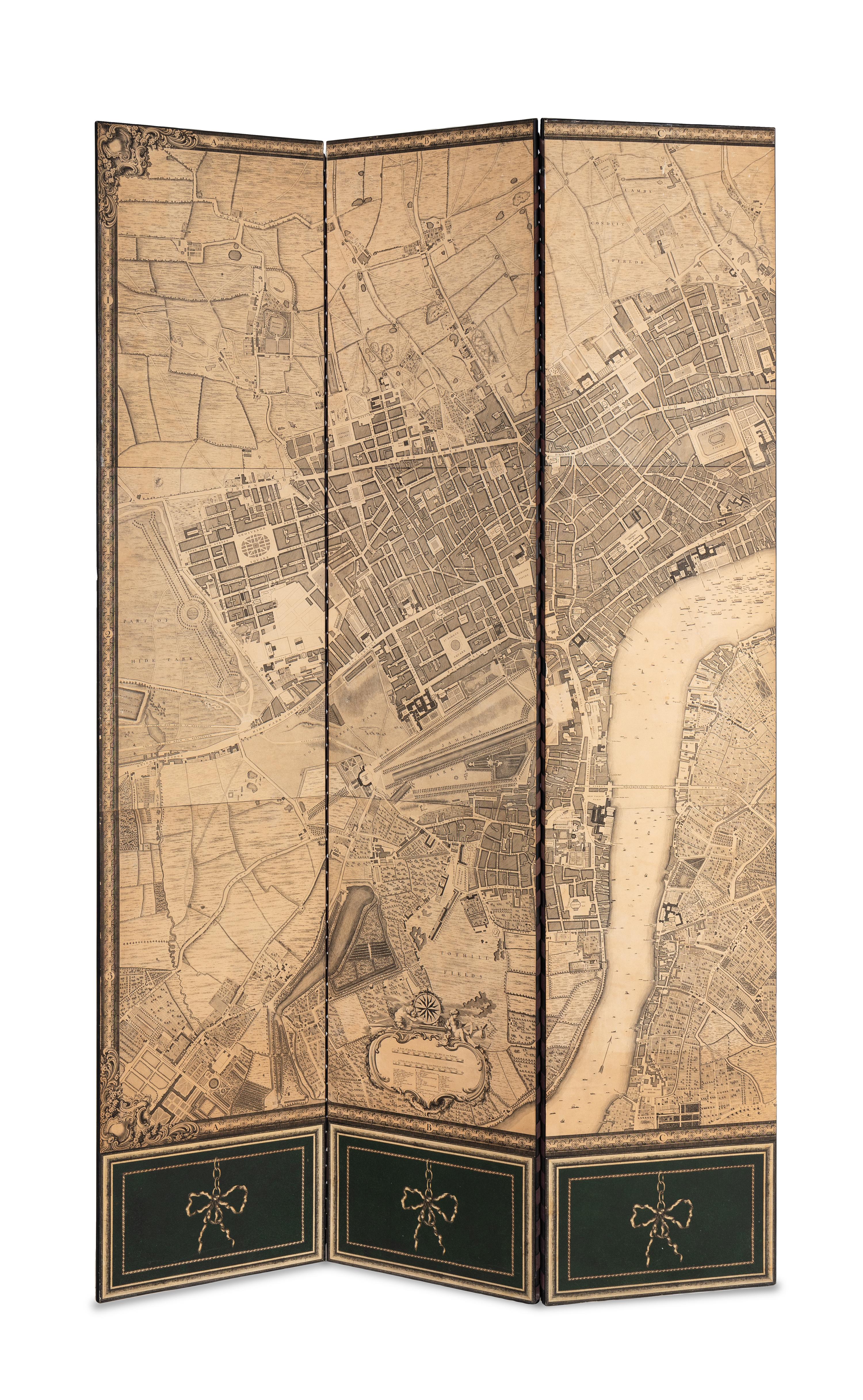 An Eight-Panel Floor Screen Depicting an Engraved Map of London
