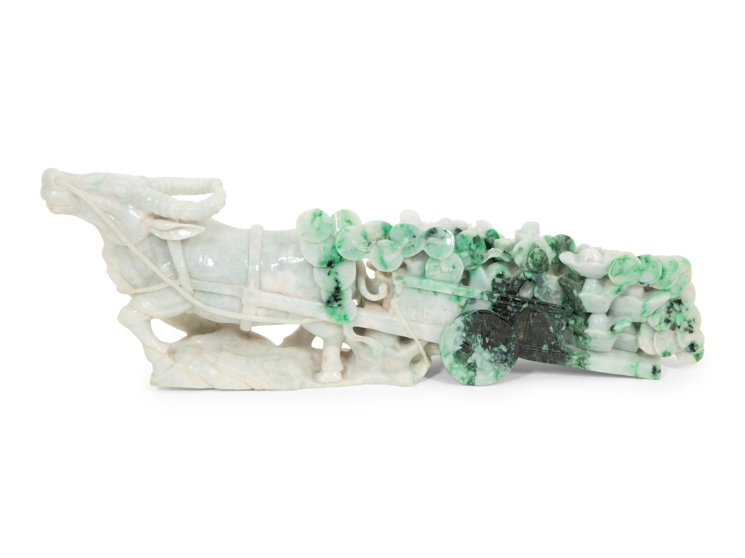 A Chinese Carved Jadeite Figure of an Ox Cart
