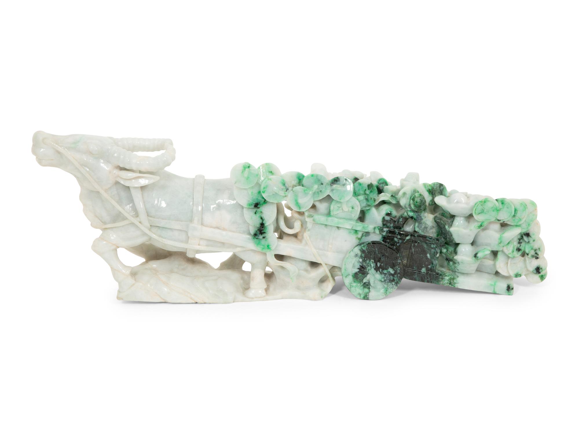 A Chinese Carved Jadeite Figure of an Ox Cart