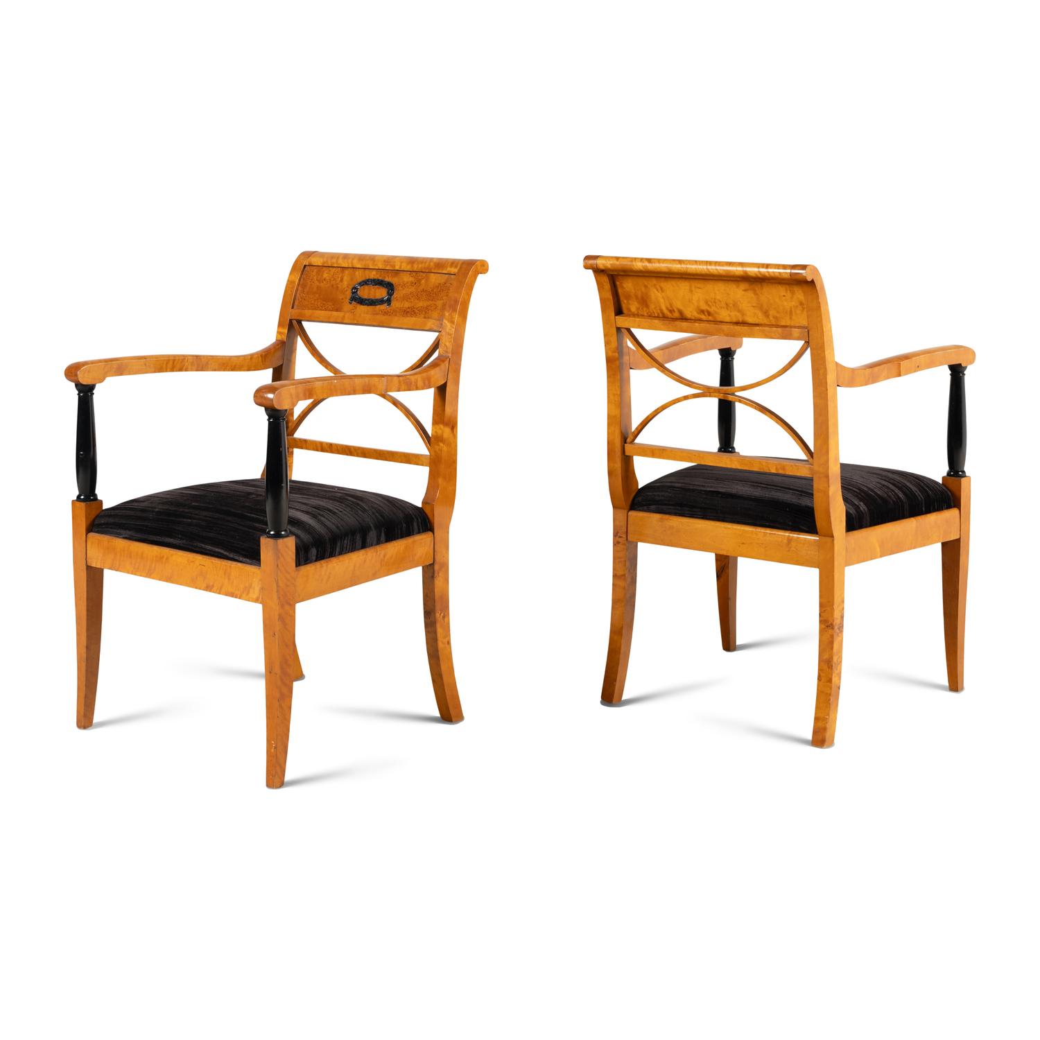 A Pair of North European Satinwood, Amboyna and Part-Ebonized Armchairs