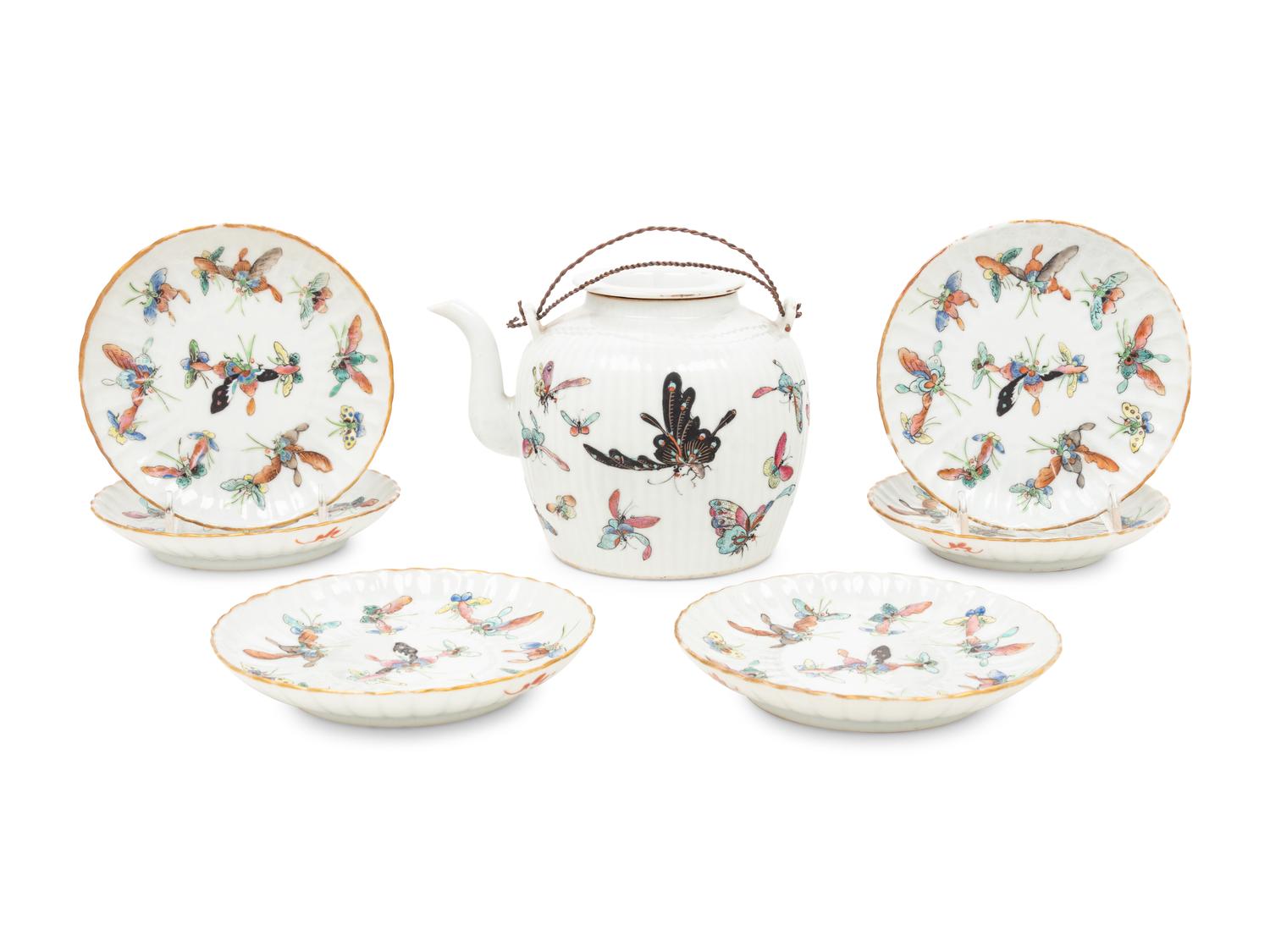 A Set of Seven Chinese Famille Rose Porcelain 'Butterfly' Tea Wares