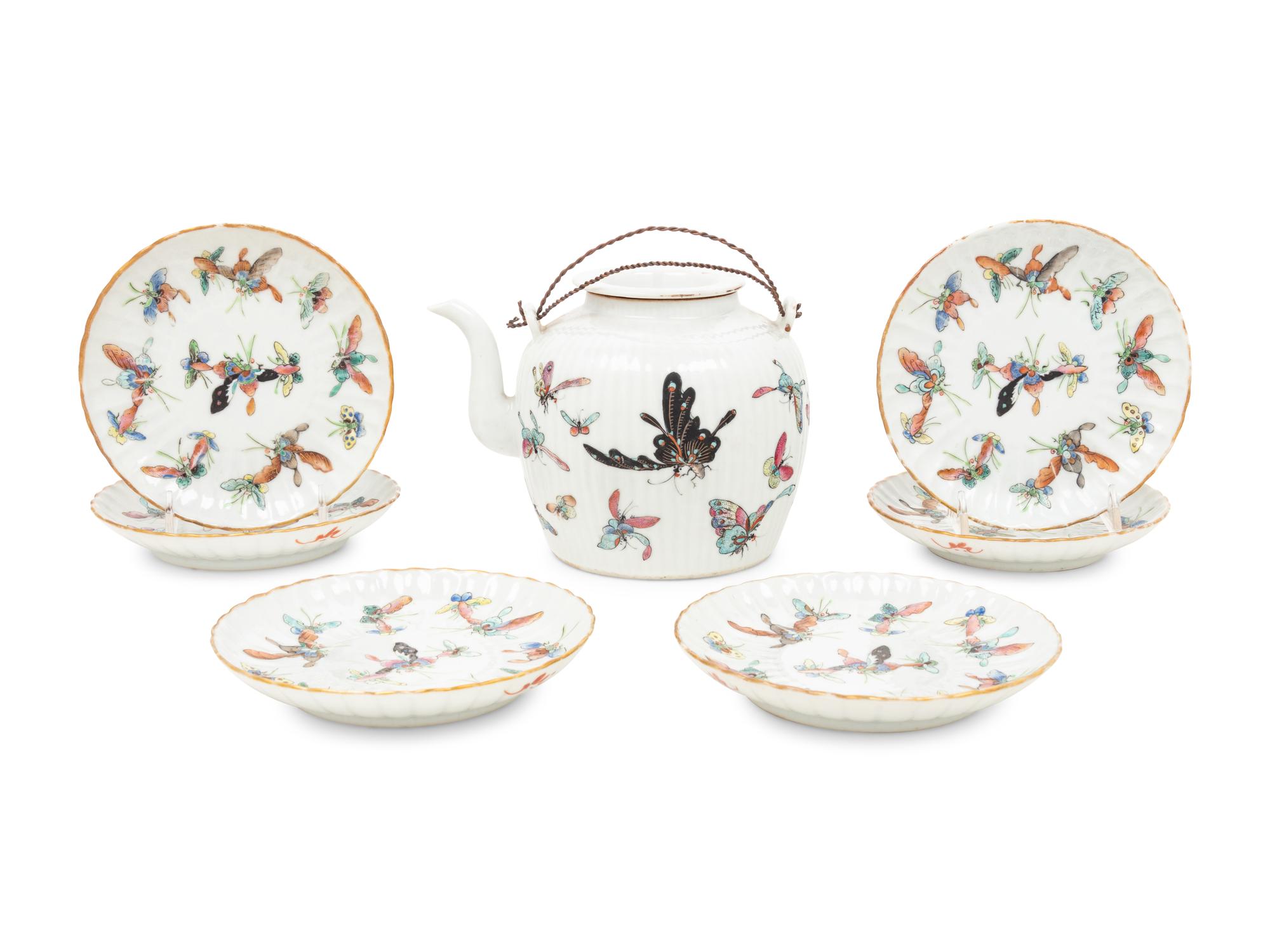A Set of Seven Chinese Famille Rose Porcelain 'Butterfly' Tea Wares