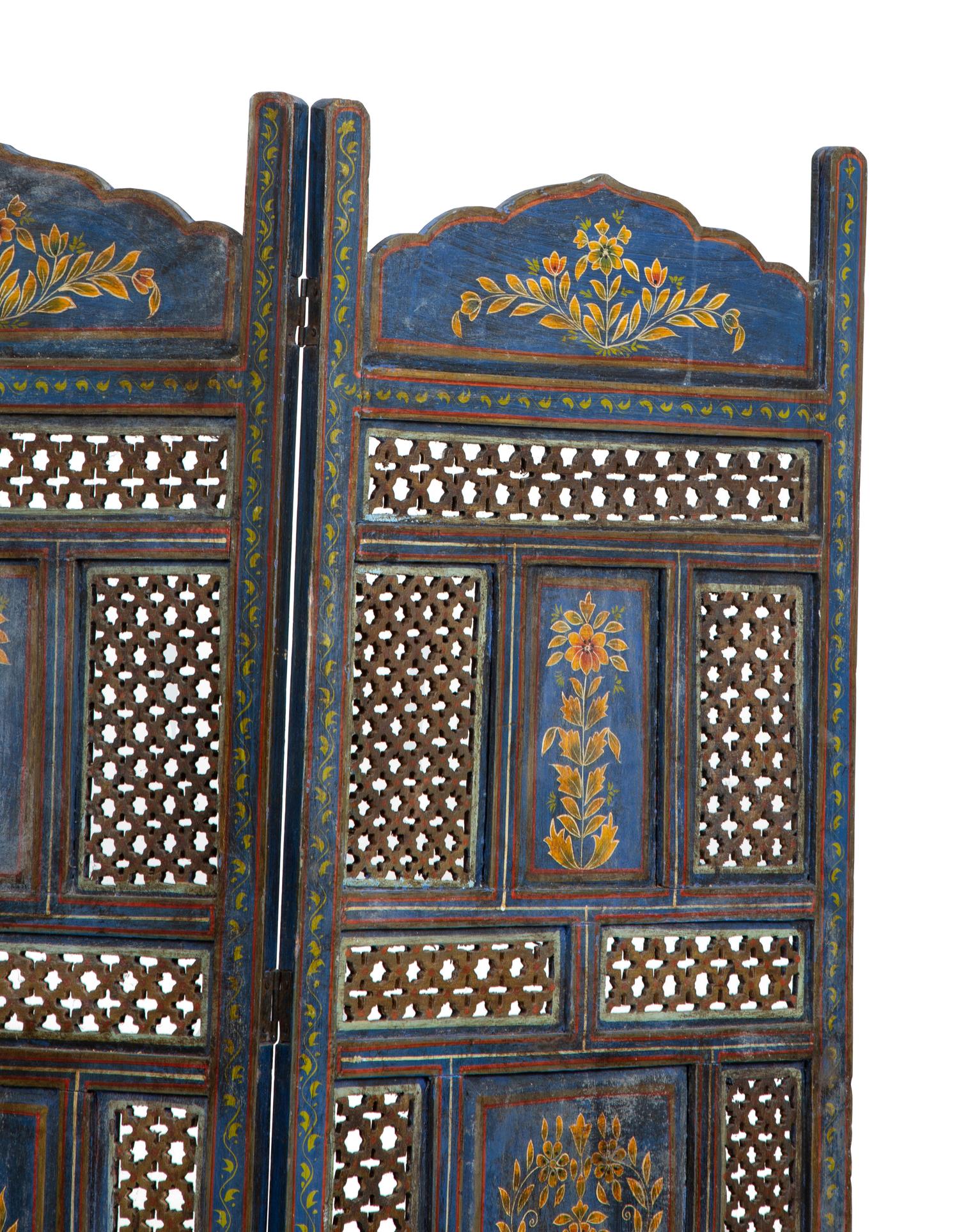 An Indian Painted and Pierce Carved Four Panel Floor Screen