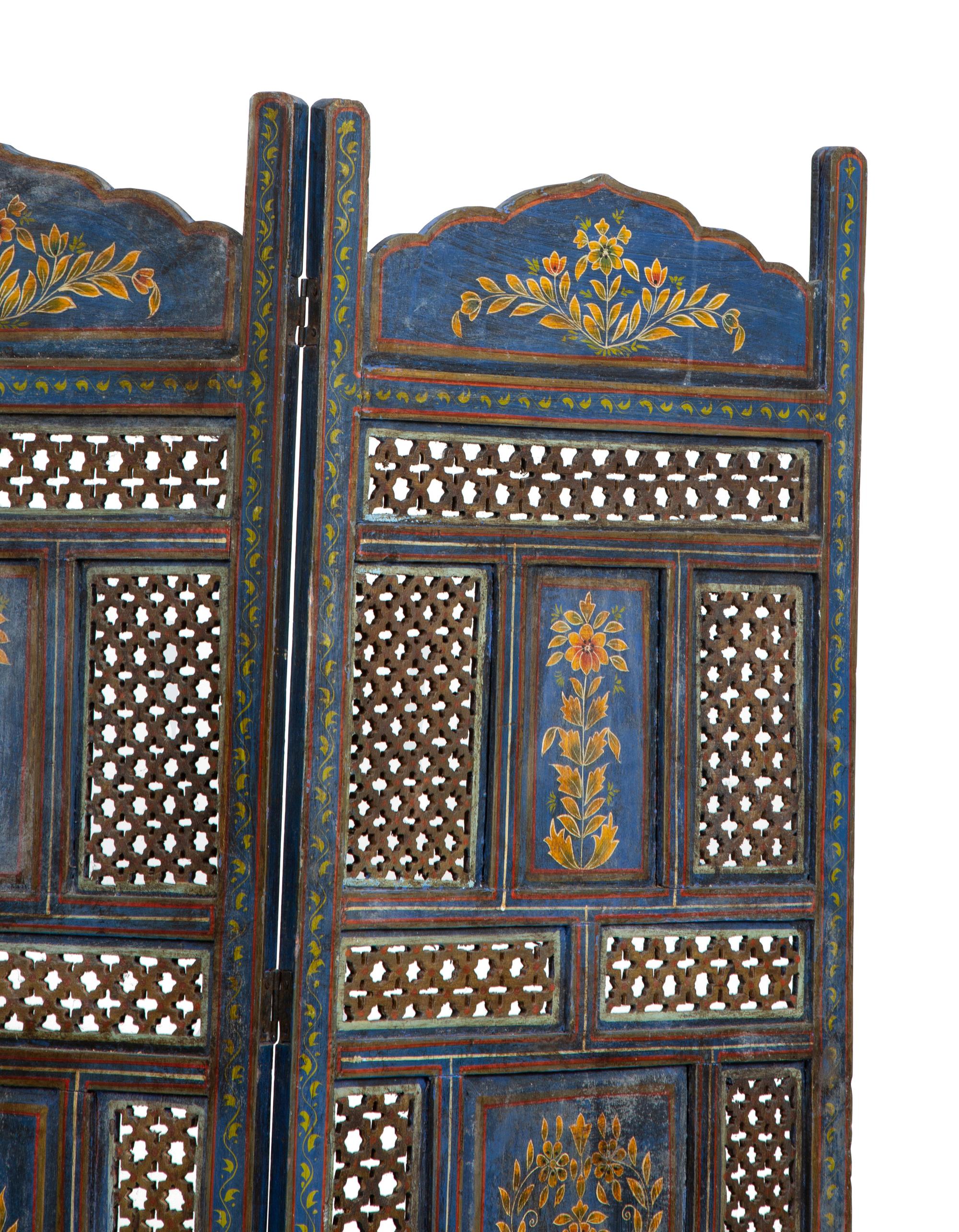 An Indian Painted and Pierce Carved Four Panel Floor Screen