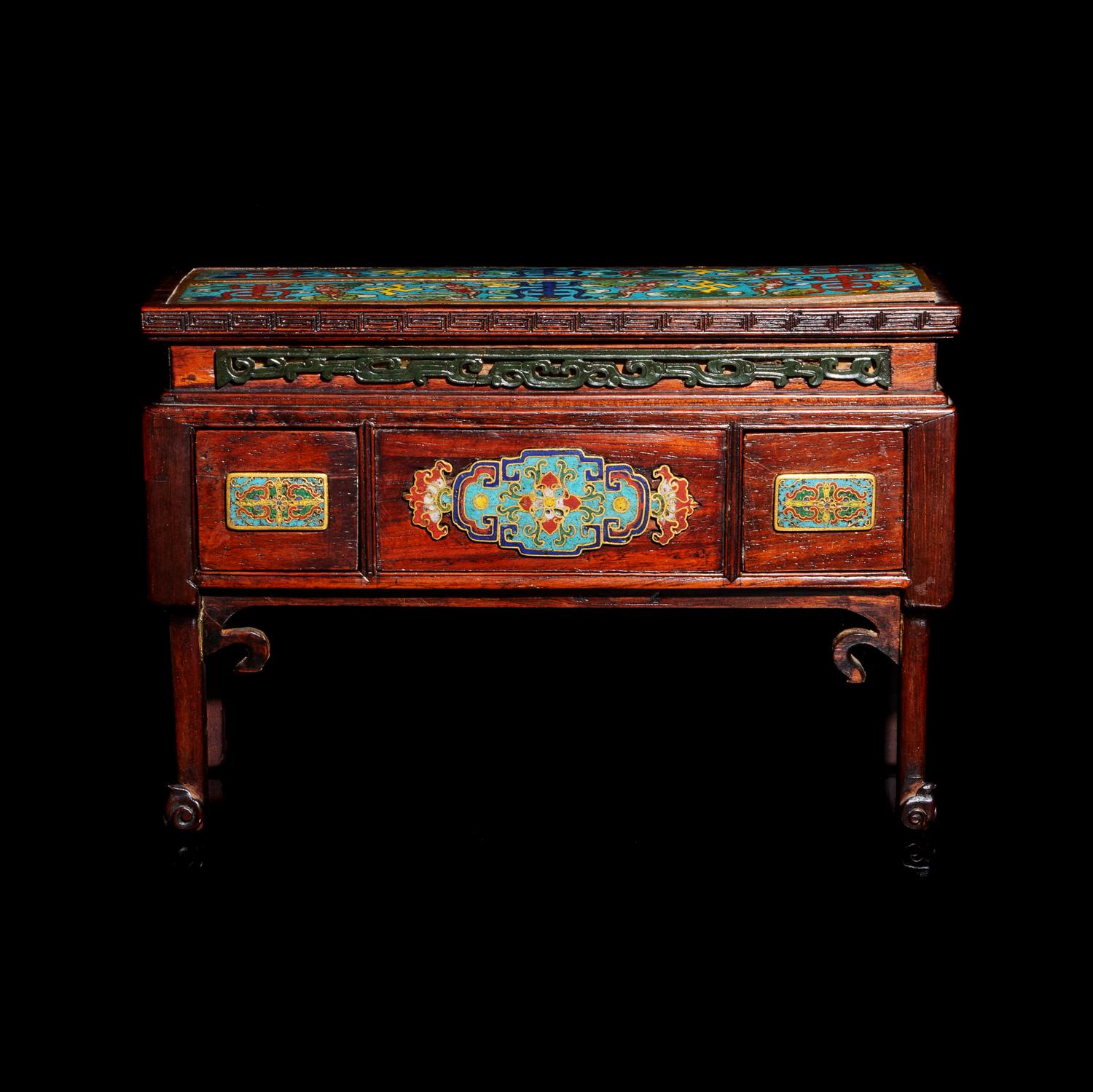 A Small Chinese Cloisonné Enamel Inset Hongmu Stand, Early 19th Century 清中期 紅木嵌掐絲琺琅供桌式帶屜座