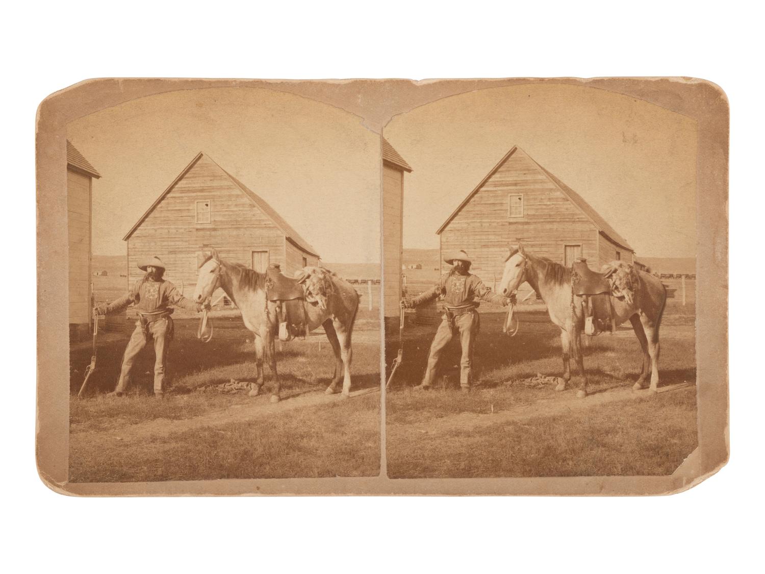 [WESTERN AMERICANA]. Stereoview of a double-armed frontiersman with horse in the Dakota Territory.