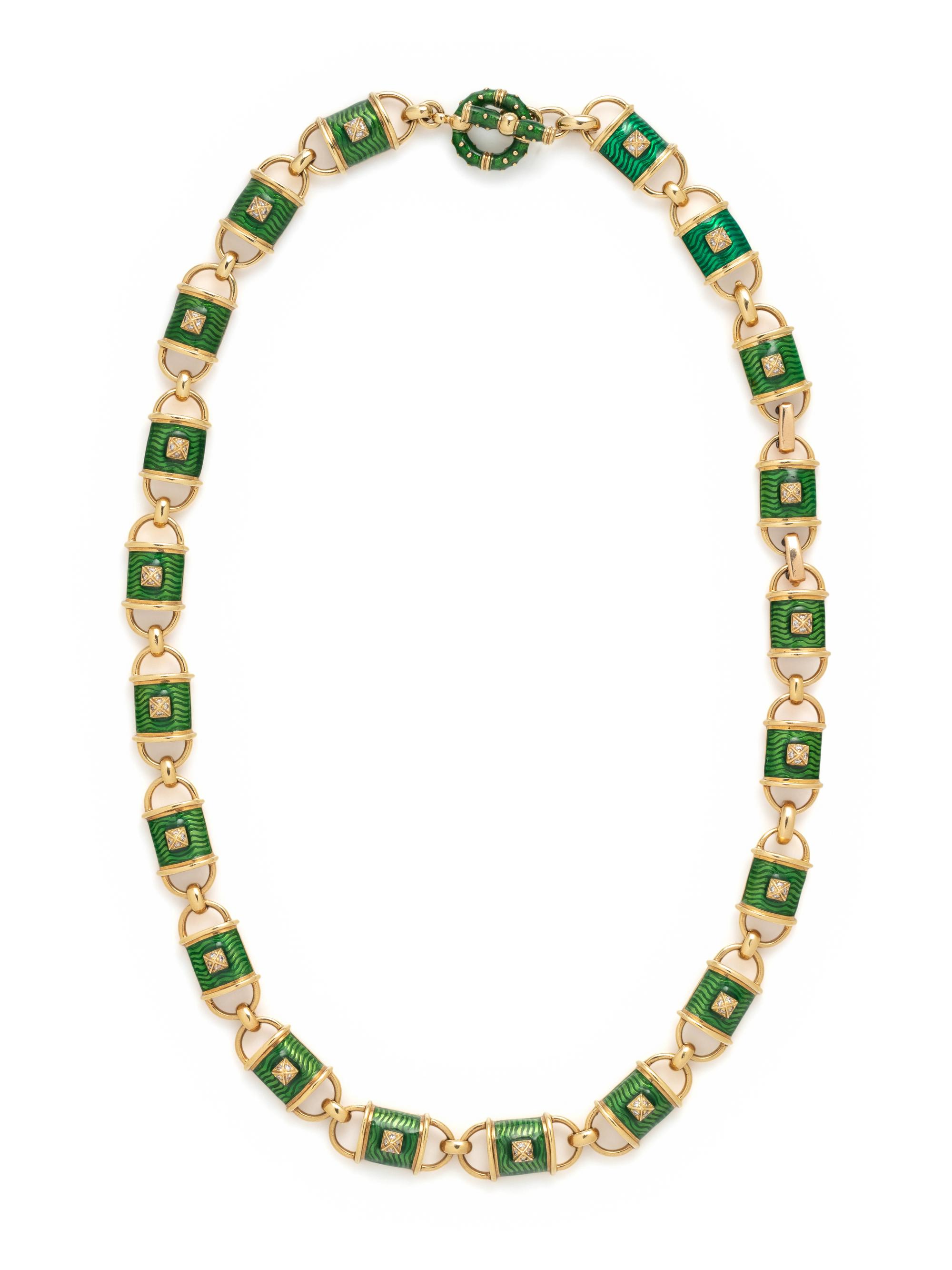 YELLOW GOLD, DIAMOND AND ENAMEL NECKLACE