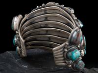 Large Navajo Sterling Silver and Bisbee Turquoise Cluster Statement Cuff Bracelet
