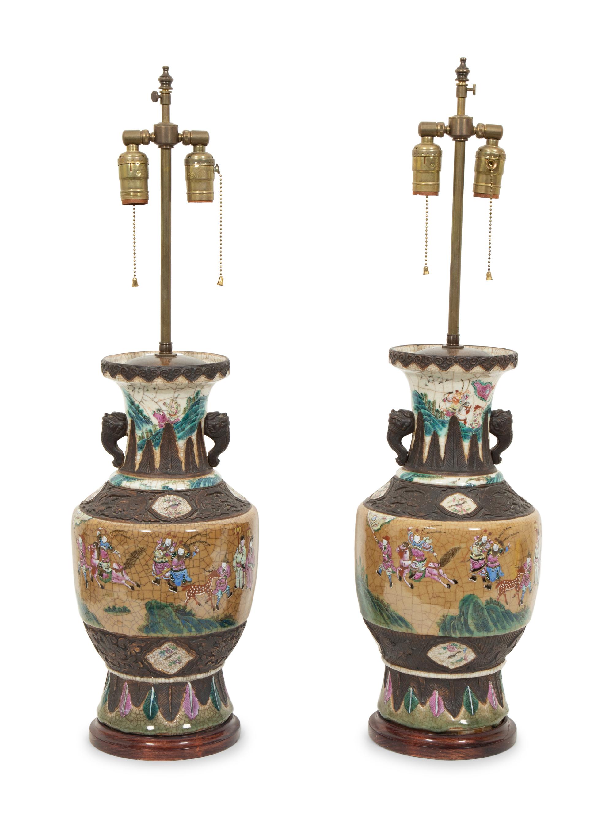 A Pair of Chinese Glazed Ceramic Vases Mounted as Lamps