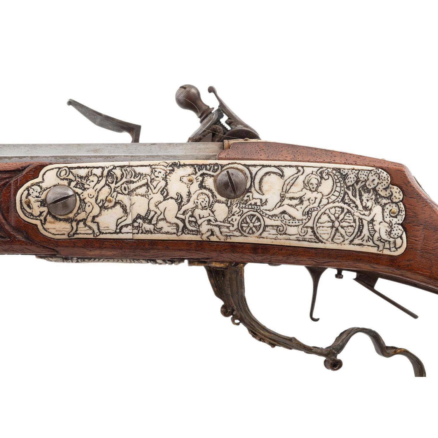Contemporary Cheekstock Flintlock Rifle with Diana Motifs by John B. Derrick (American, b.1936)
