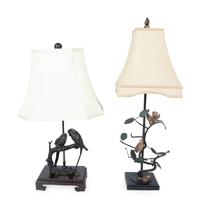 Two Patinated Bronze Lamps with Birds on a Branch — 20TH CENTURY