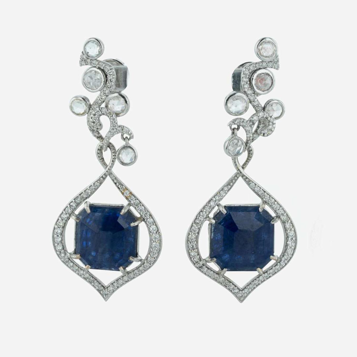 A Pair of Sapphire, Diamond, and 18K White Gold Earrings