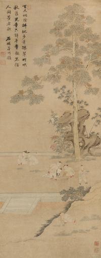 An Ink and Color Painting on Paper Scroll, QING DYNASTY, 17TH/18TH CENTURY, depicting playful children under trees in a garden, with th