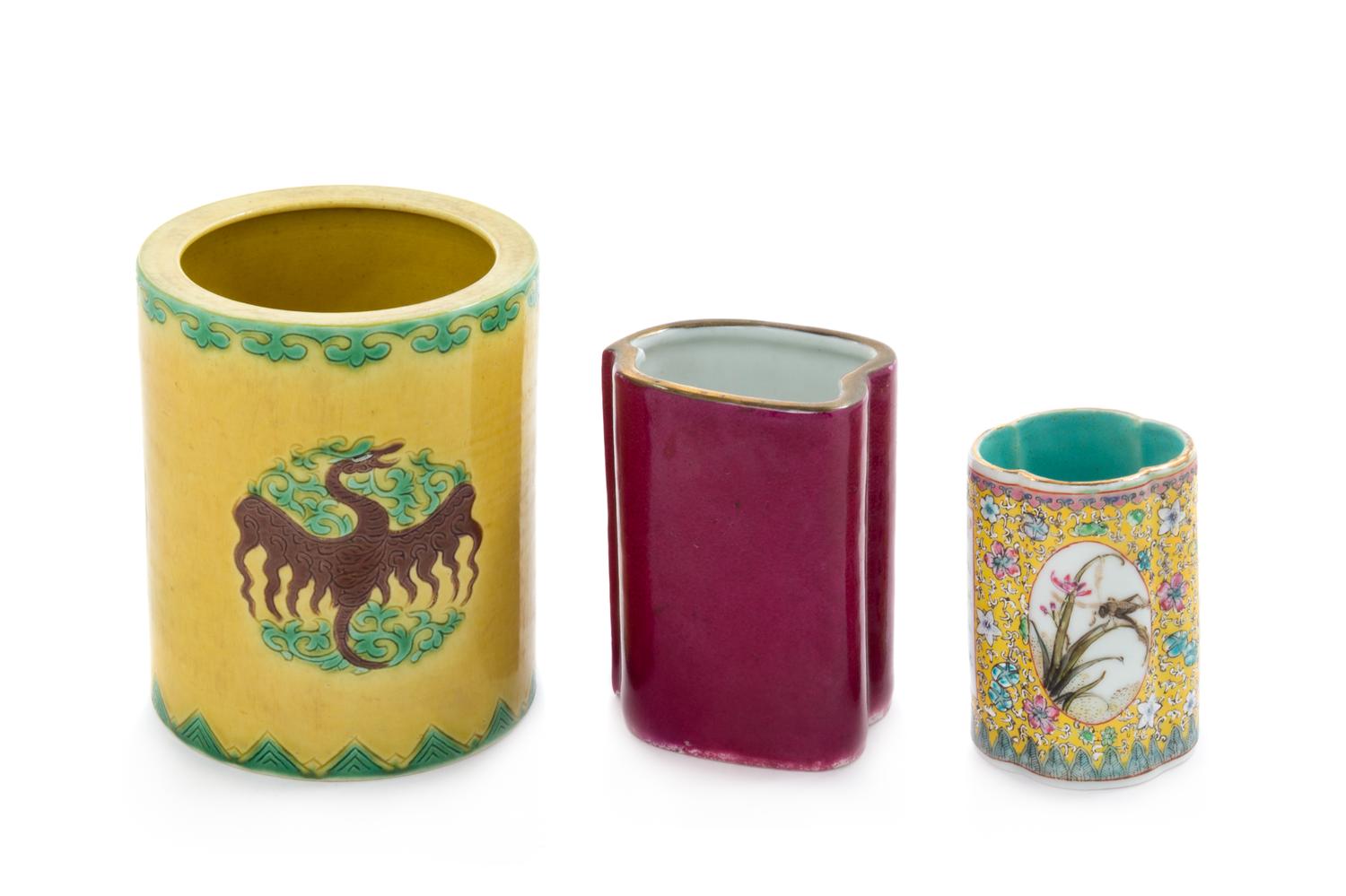 Three Porcelain Brushpots Height of tallest 4 3/4 inches.