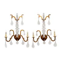 A Pair of Spanish Style Gilt Iron and Rock Crystal Two-Light Sconces