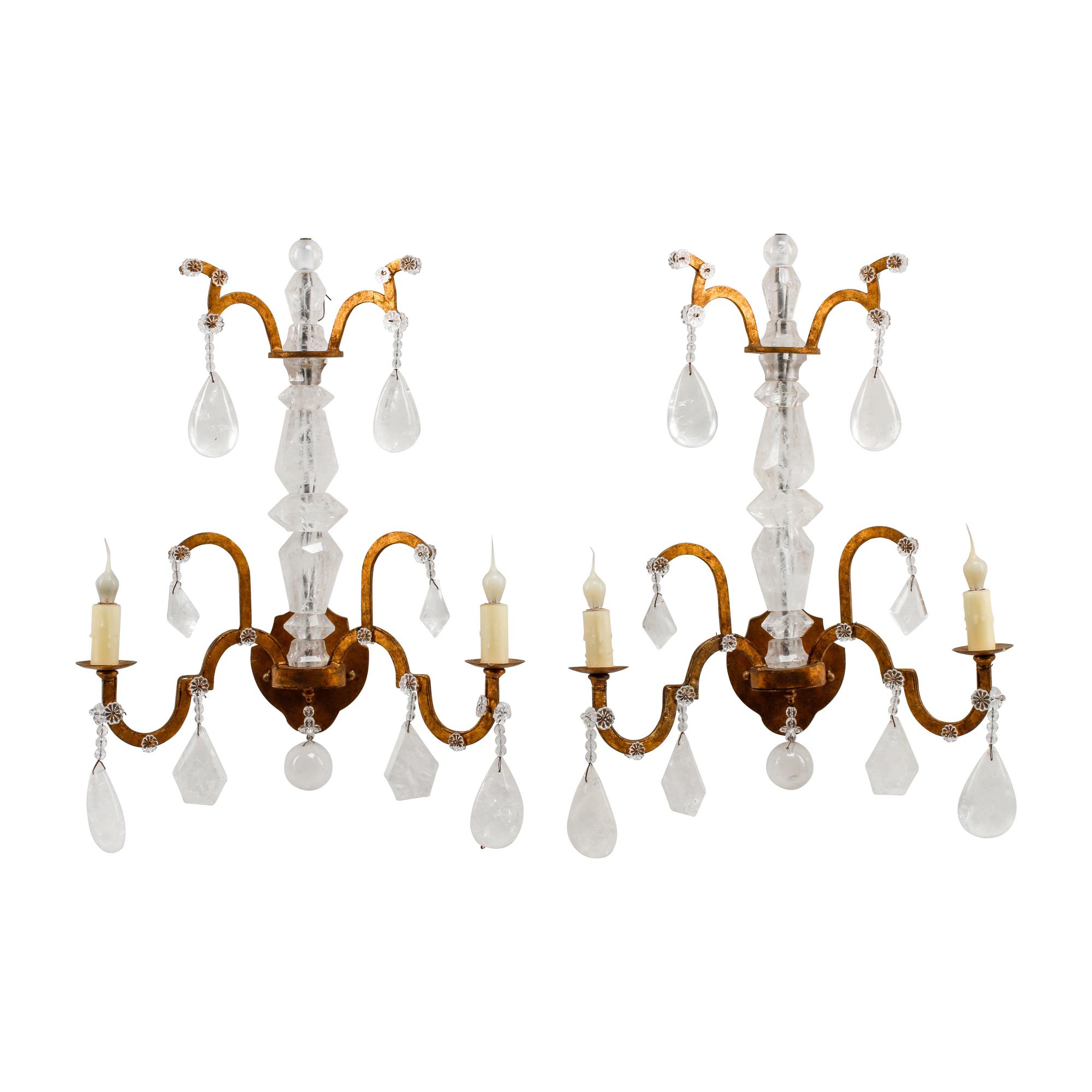 A Pair of Spanish Style Gilt Iron and Rock Crystal Two-Light Sconces