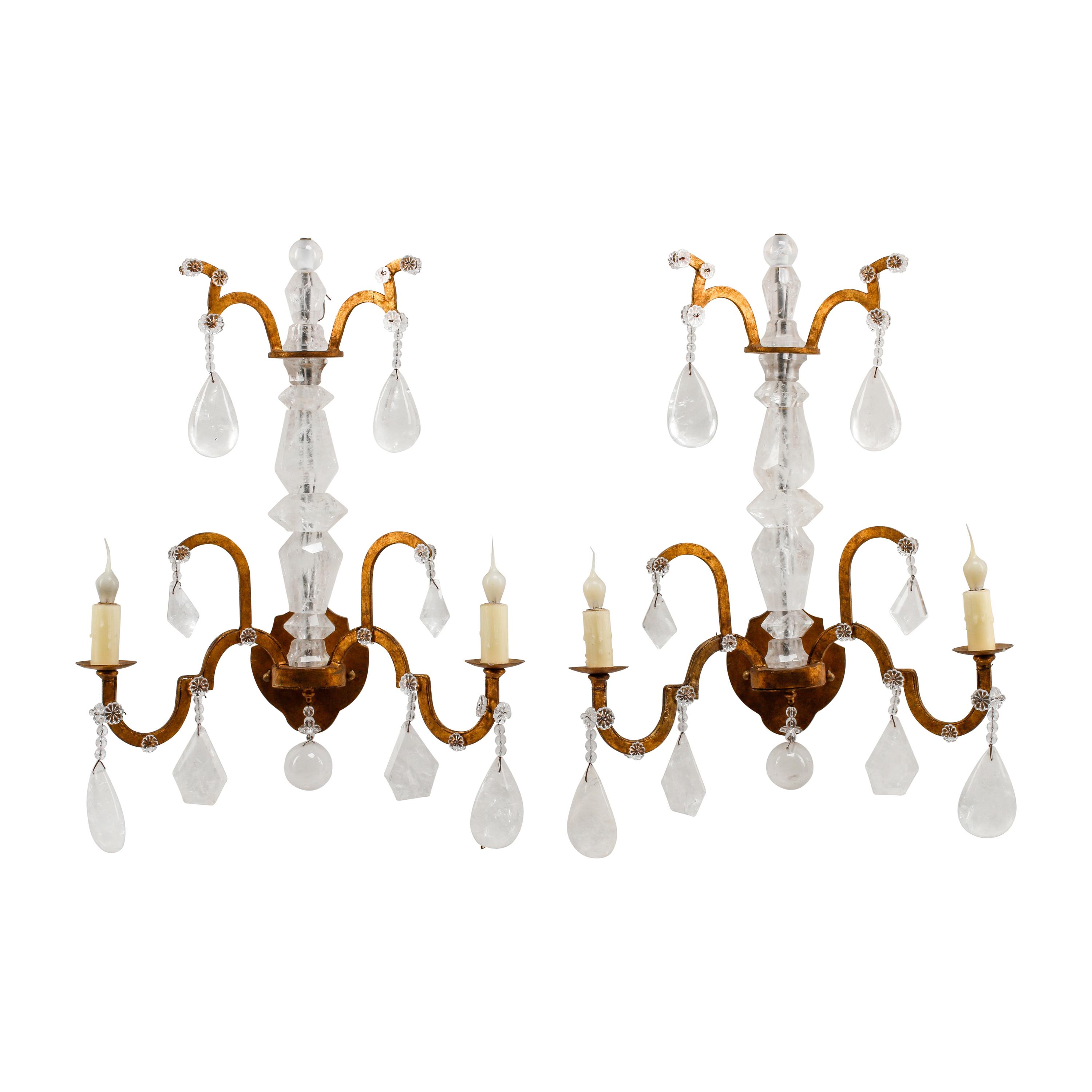 A Pair of Spanish Style Gilt Iron and Rock Crystal Two-Light Sconces