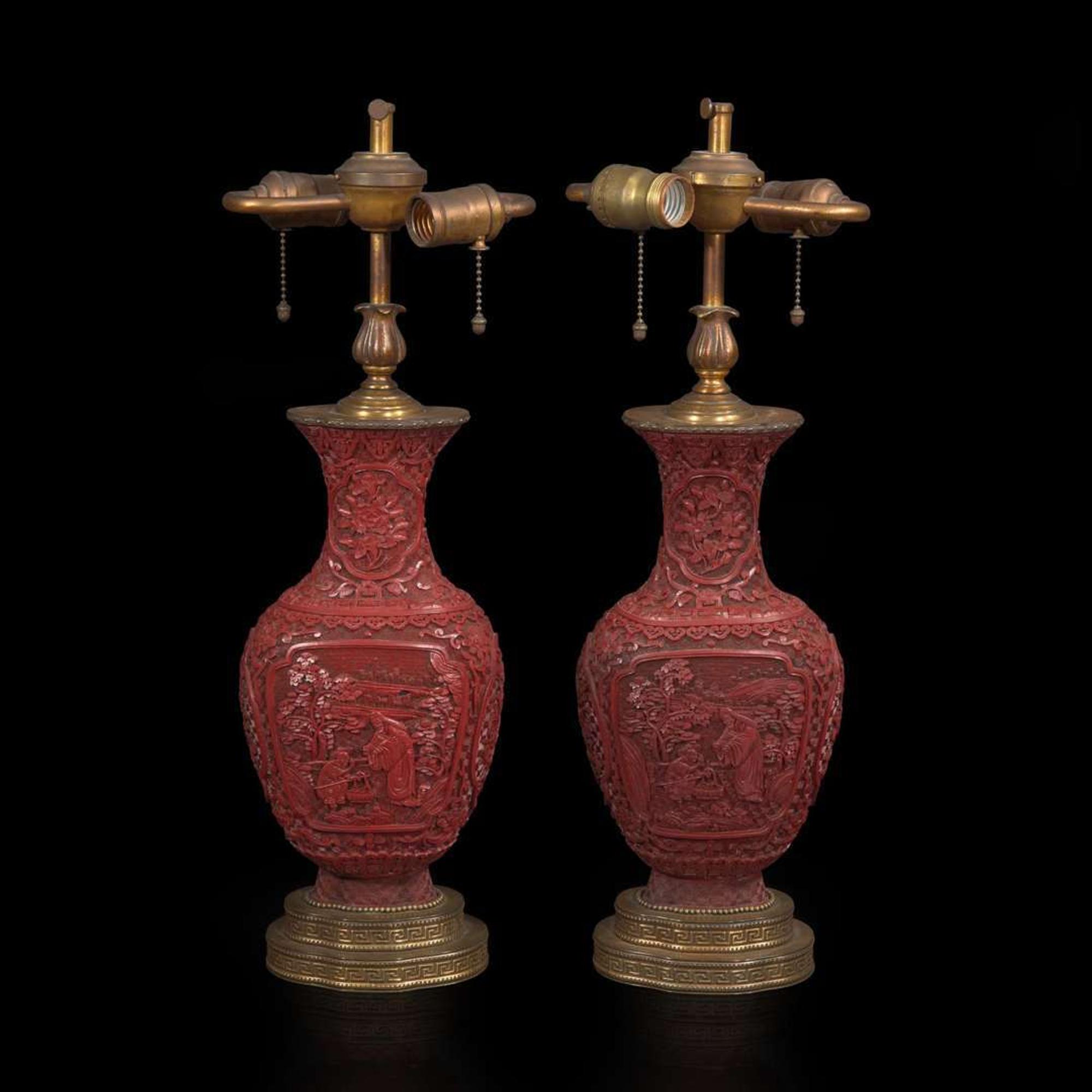 A pair of Chinese carved cinnabar lacquer vases 朱漆花樽一对 19th/20th century ???????