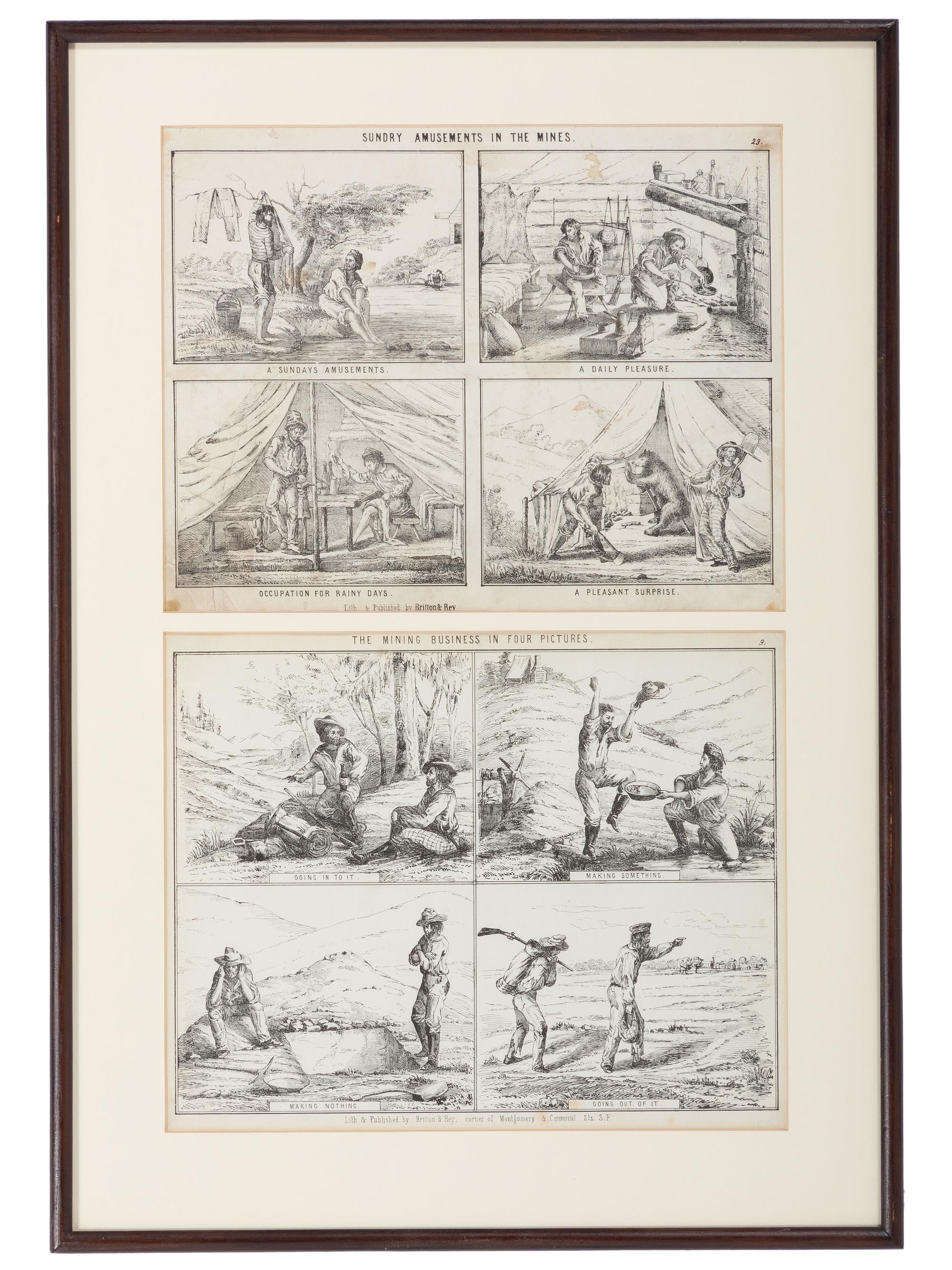 [MINING]. Two pictorial California letter sheets, incl. Sundry Amusements in the Mines .