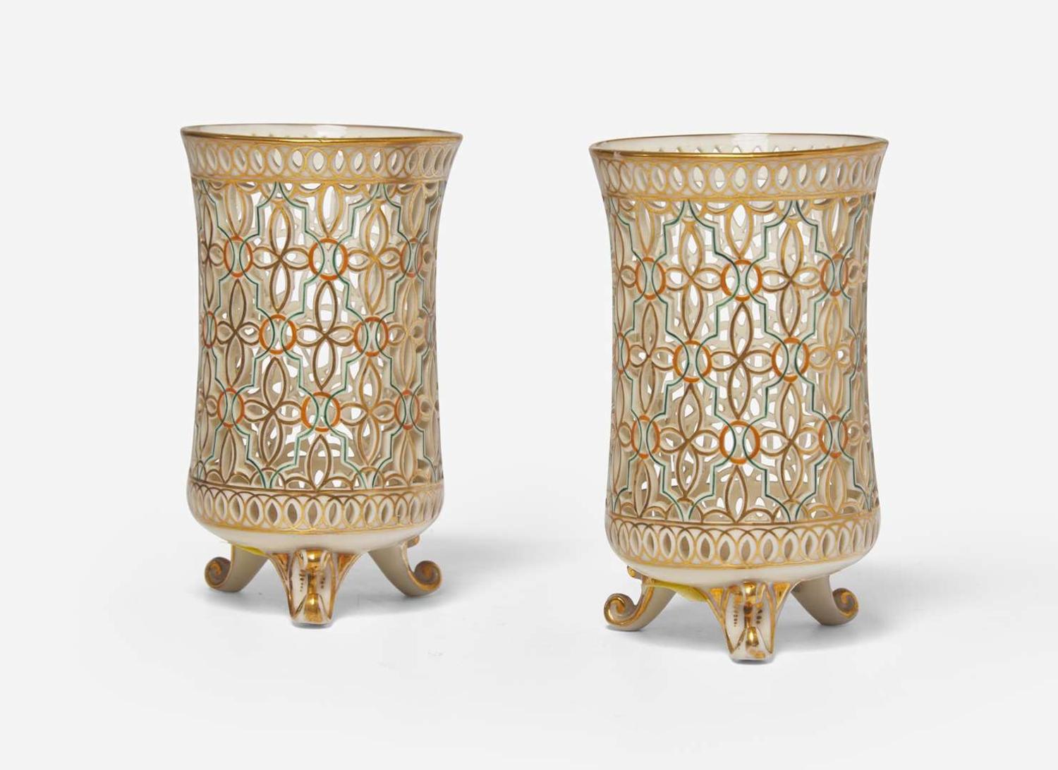 A Pair of Royal Crown Derby Reticulated Bone China Spill Vases, UK, circa 1883
