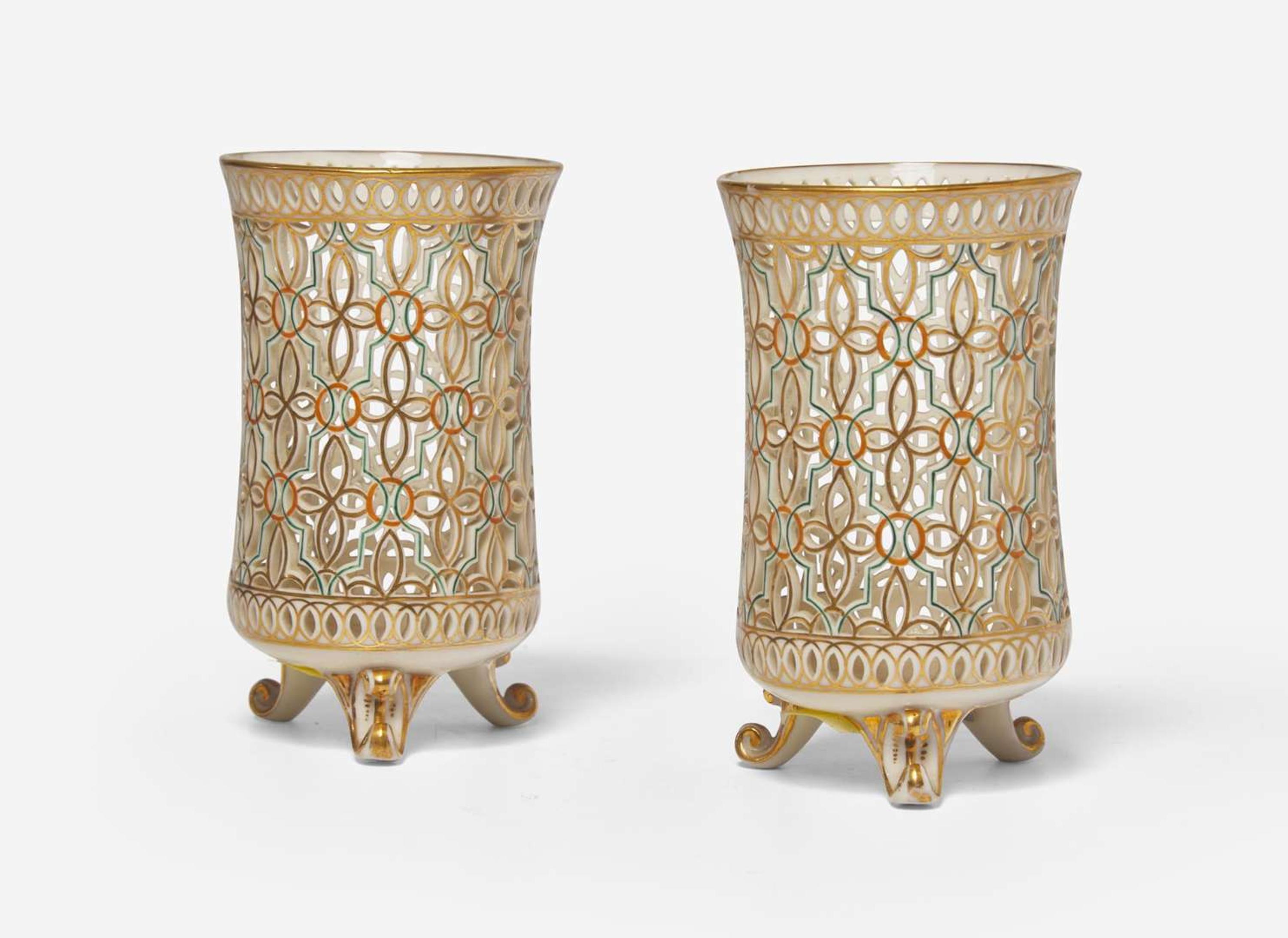 A Pair of Royal Crown Derby Reticulated Bone China Spill Vases, UK, circa 1883