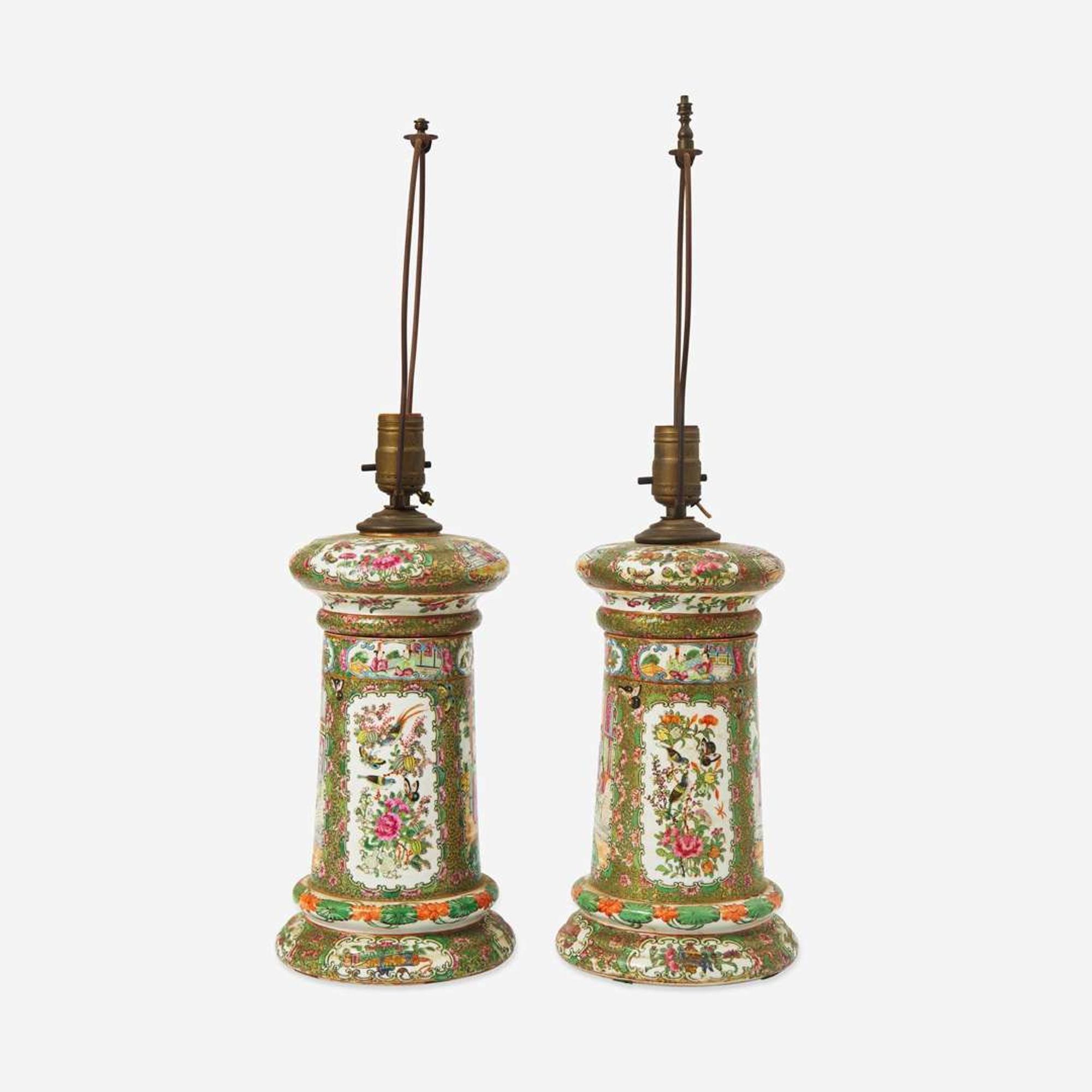 A pair of Chinese Export porcelain Rose Medallion palette jars fitted as lamps 19th century